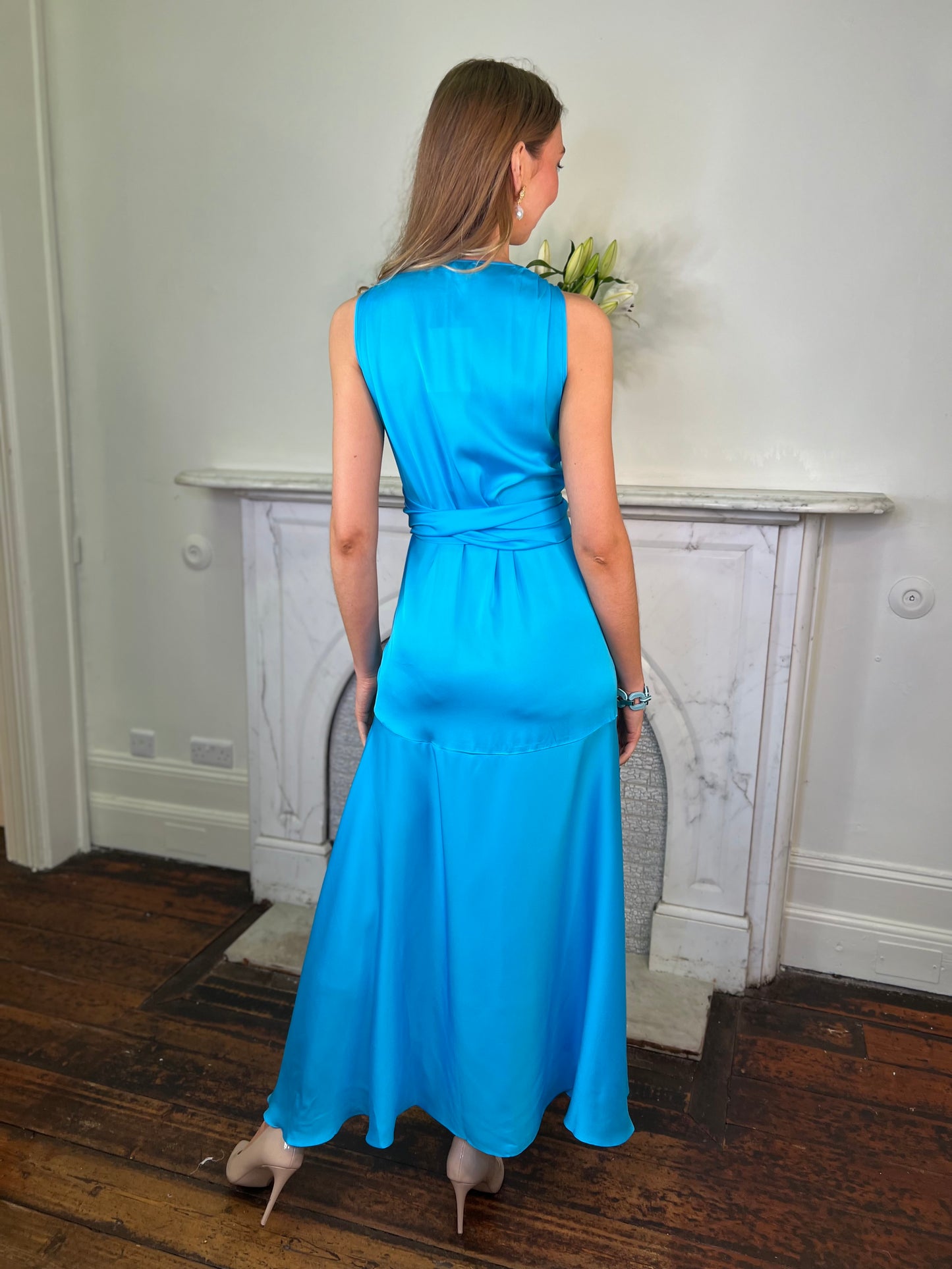 Sleeveless Turquoise Wrap effect Silk  Midi Dress