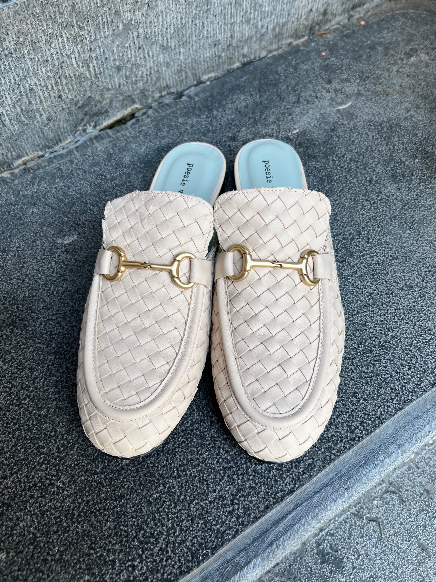 Cream Woven Leather Sliders with Gold Horse Bit Hardware