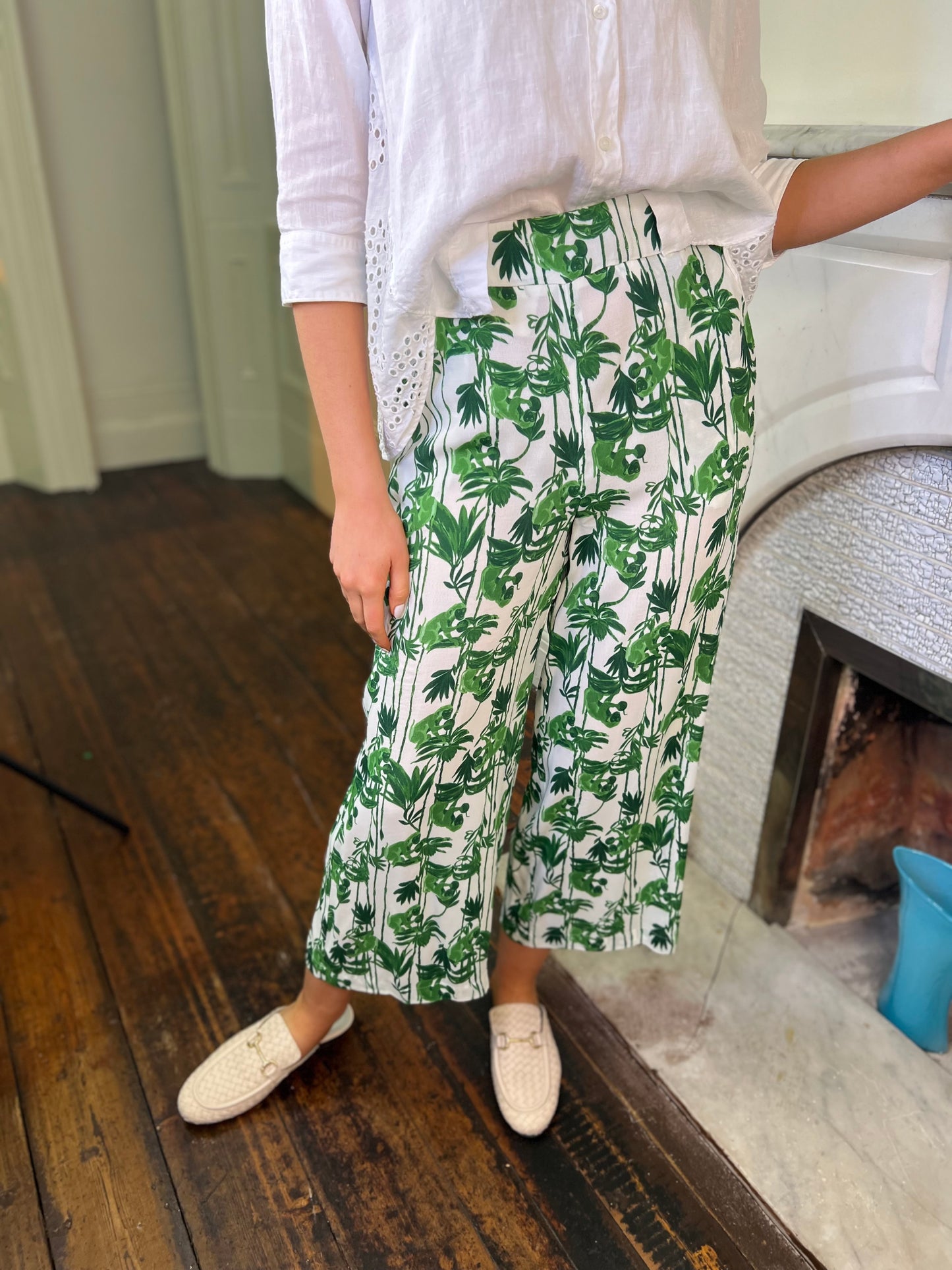 Rieti Green and White Palm Leaf Printed Trousers