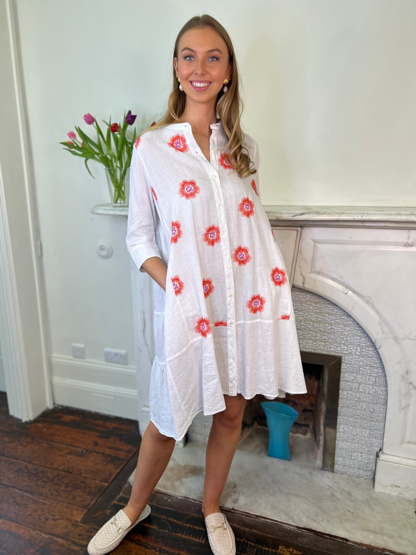 White Linen Relaxed Dress with Hand Embroidered Detail