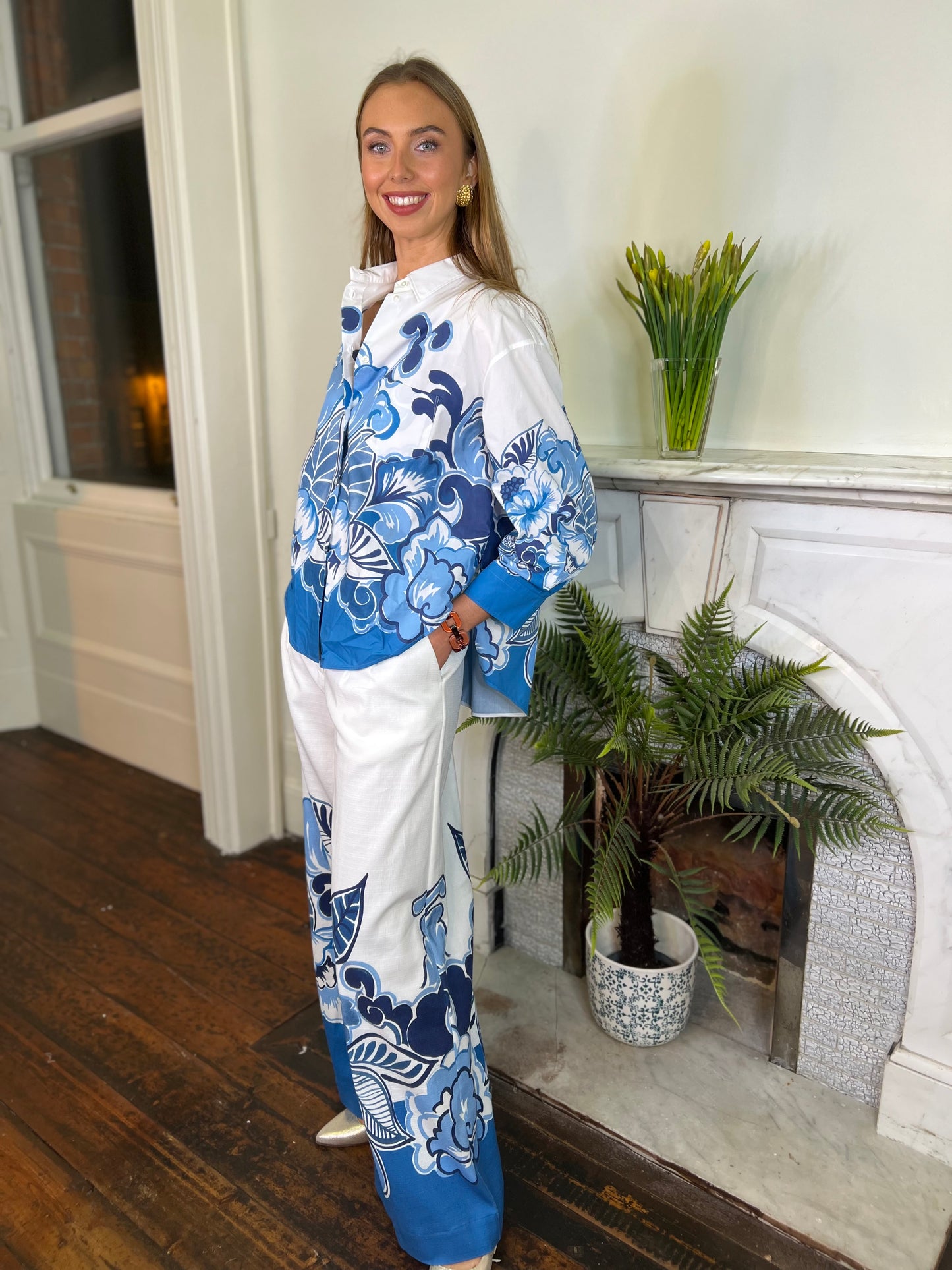 Sara Roka Sandrine Blue Floral Shirt and Trousers in Poplin Cotton