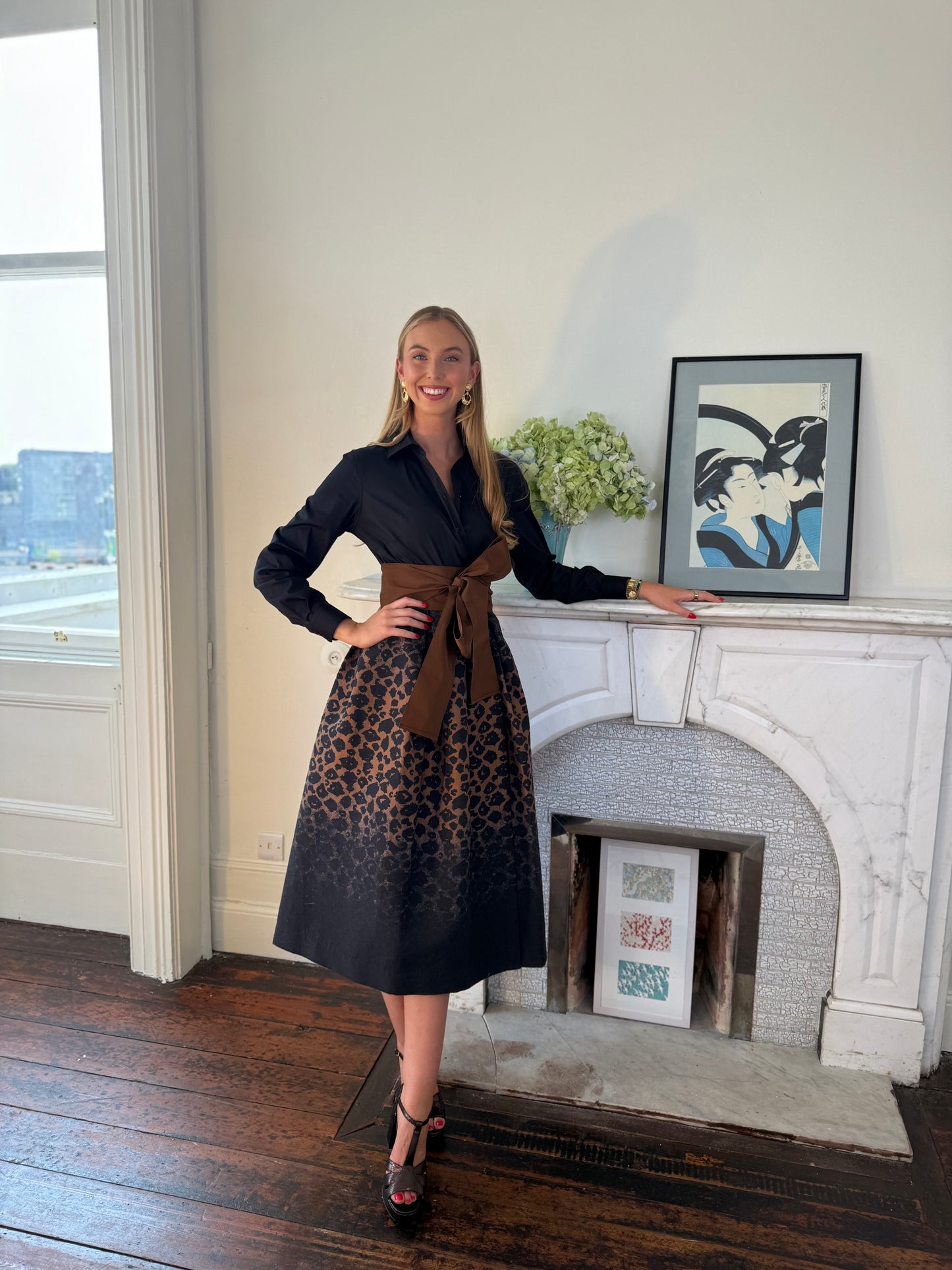 Sara Roka Black and Bronze Animalier Shirt Dress