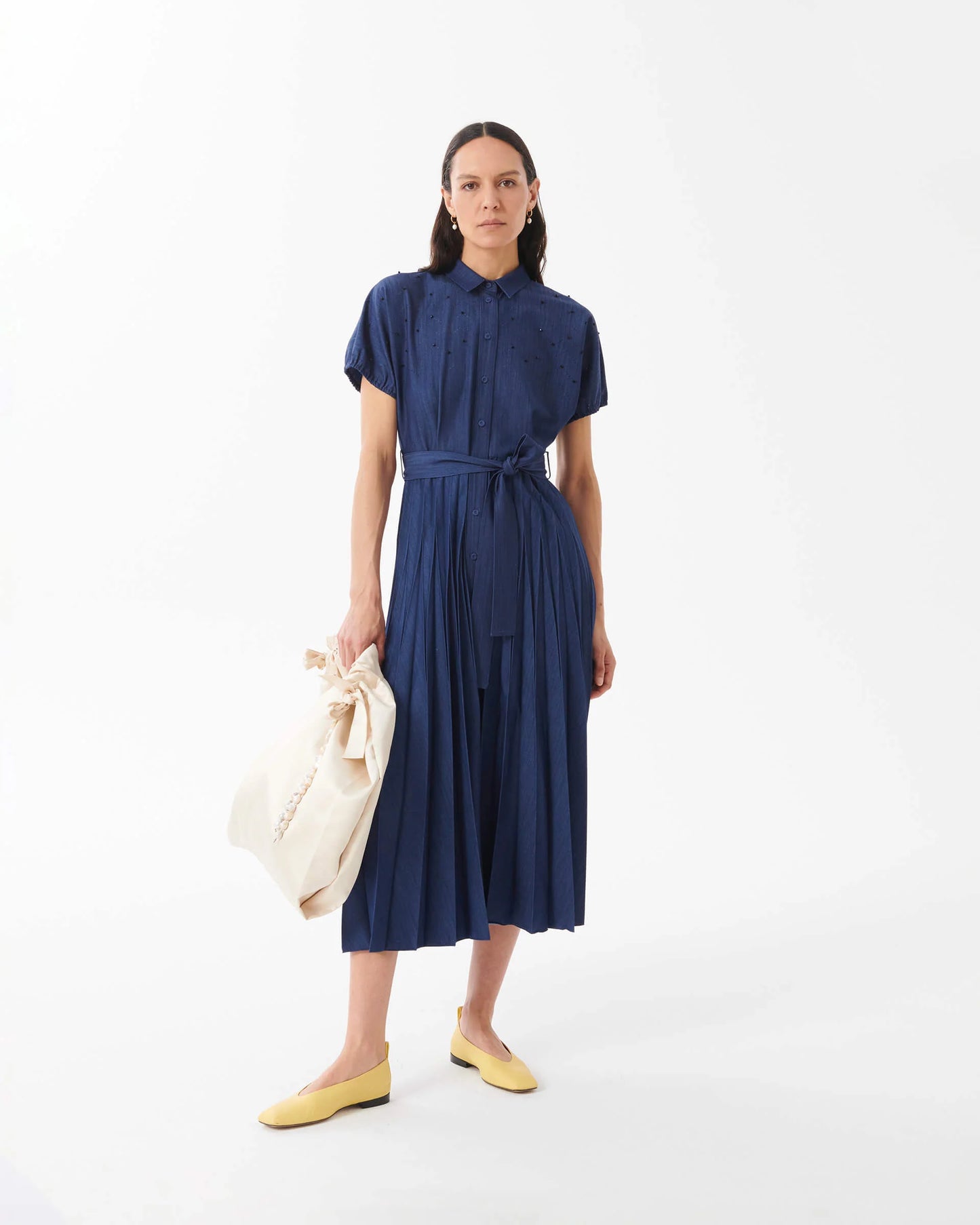 Beatrice B Estella Pleated and Hand Embroidered Navy Dress