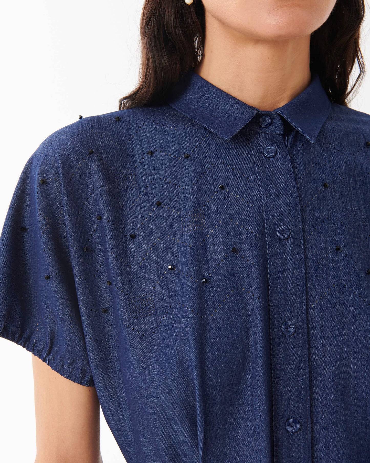 Beatrice B Estella Pleated and Hand Embroidered Navy Dress