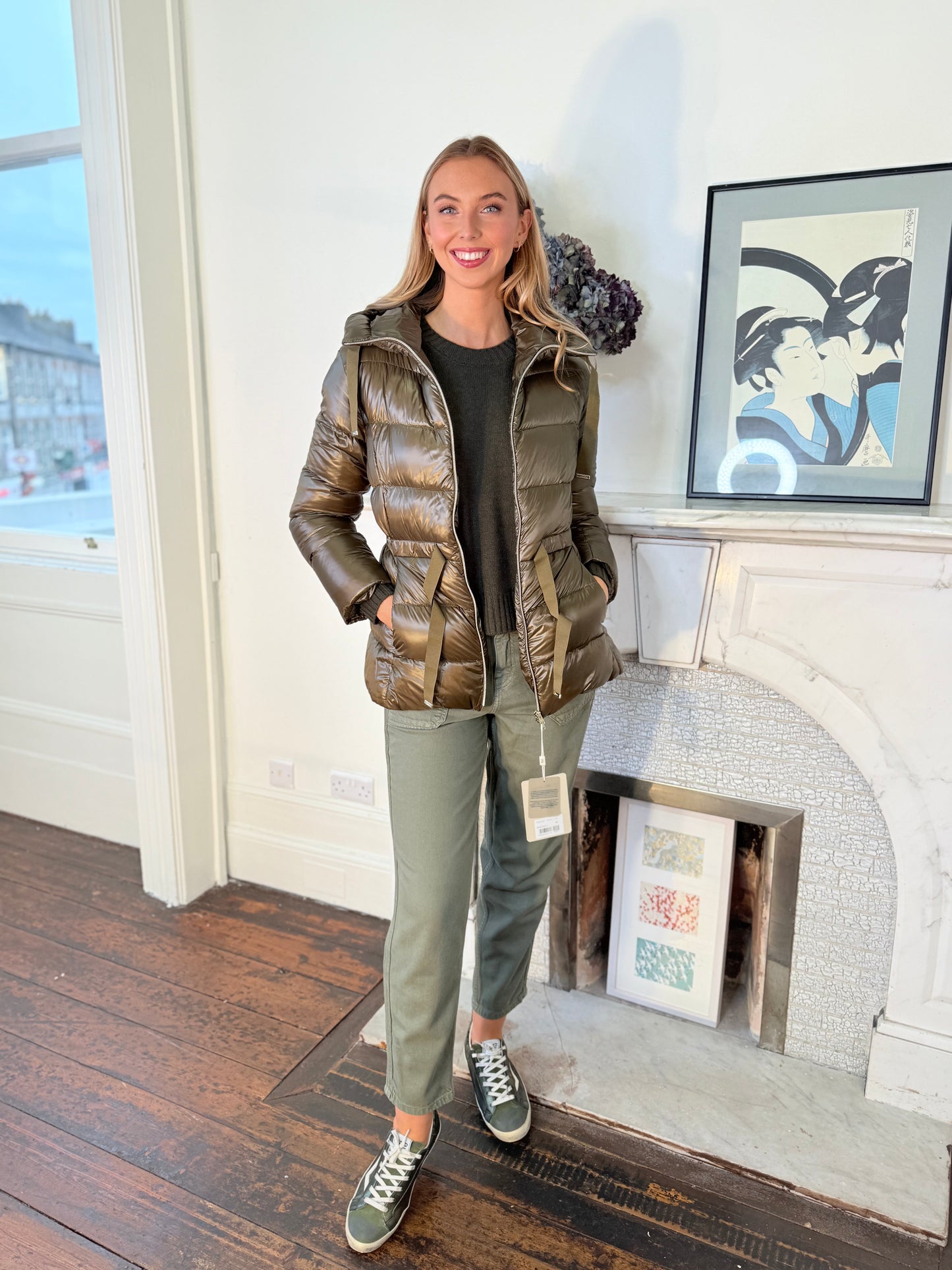 Herno Army Green Puffa Jacket with Hood and Belt Detail