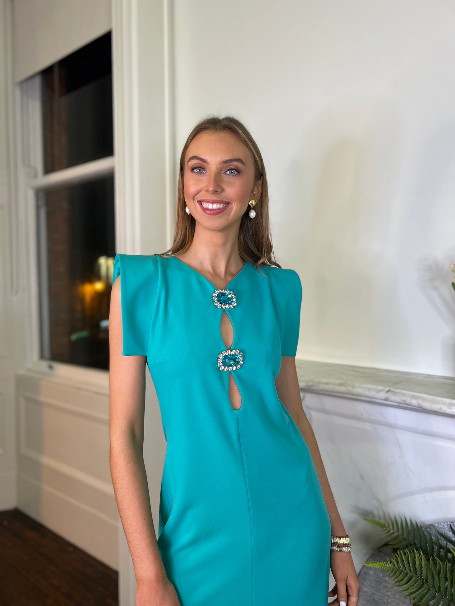 Moskada Jade Green Crepe Midi Dress with Jewel Embellishment