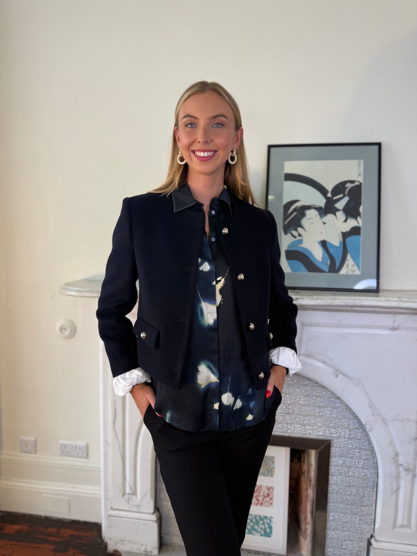 Beatrice B Dark Sapphire Wool Short Jacket with Detachable White Cuff Detail