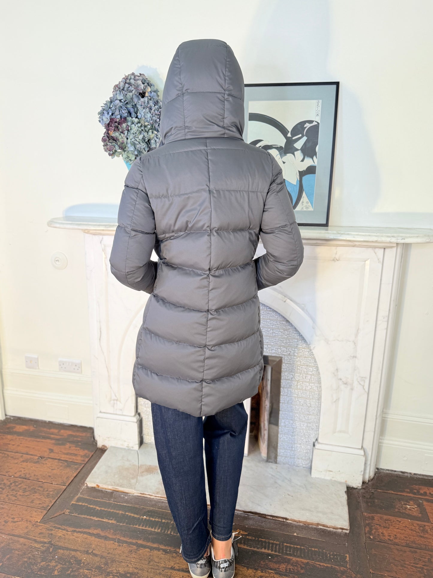Herno Arendelle A-Shape Grey Quilted Jacket with Faux Fur Lined Hood