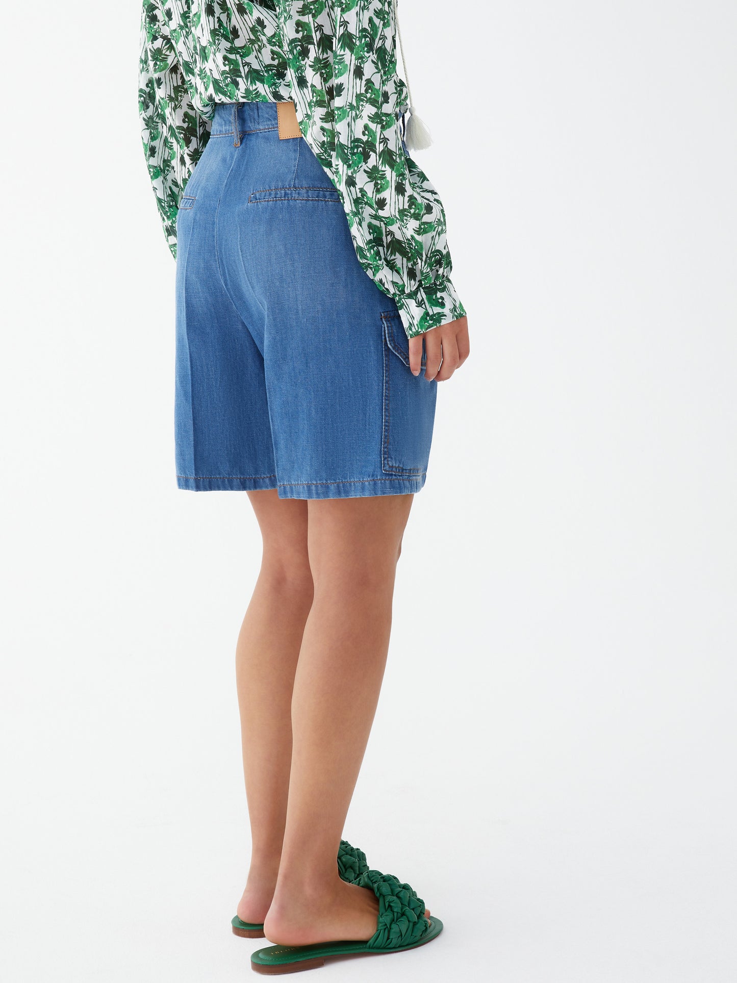 Flared Shorts In Linen And Cotton Blend Demin