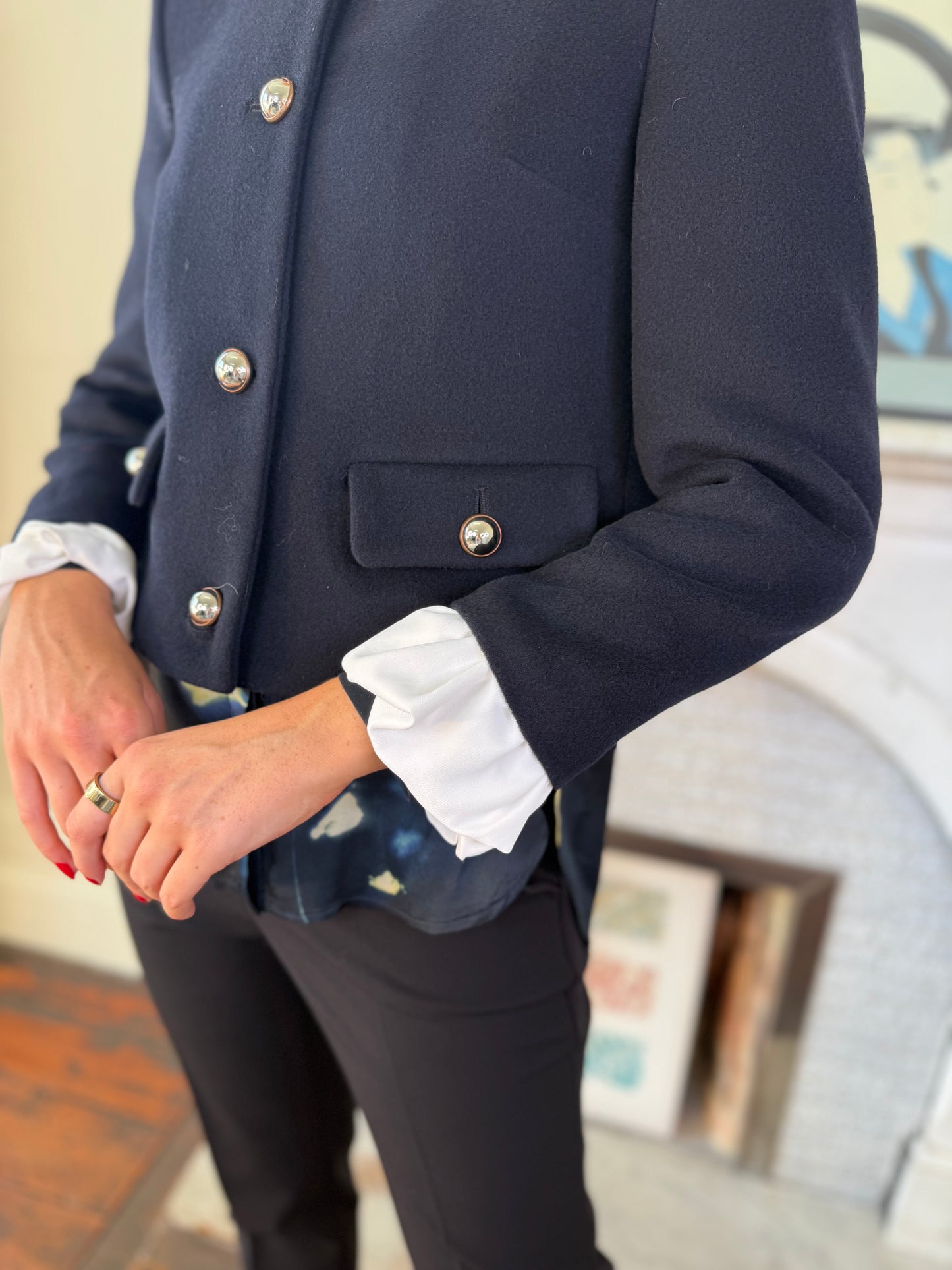 Beatrice B Dark Sapphire Wool Short Jacket with Detachable White Cuff Detail