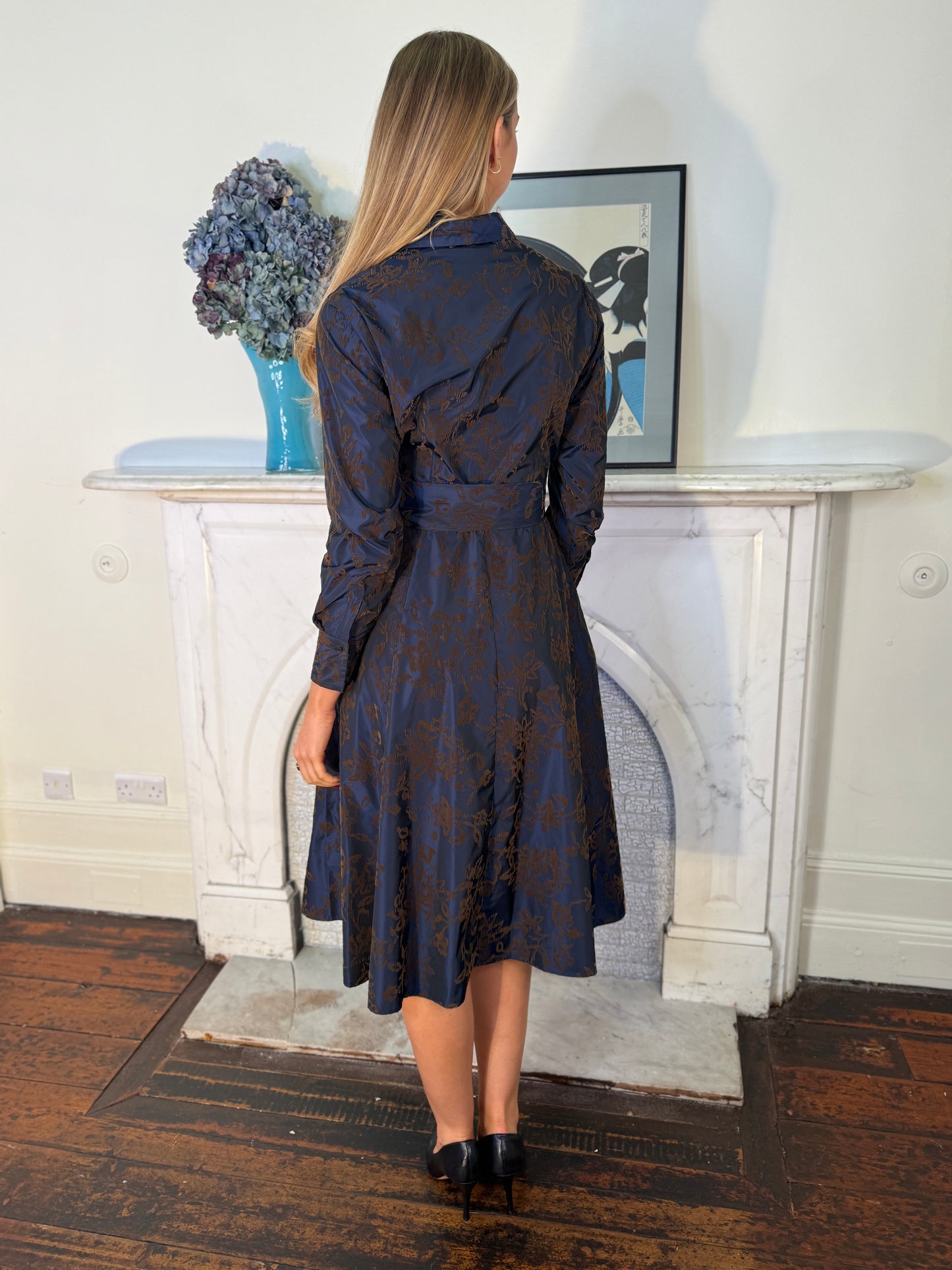 Rosso35 Navy and Brown Embossed Shirt Dress