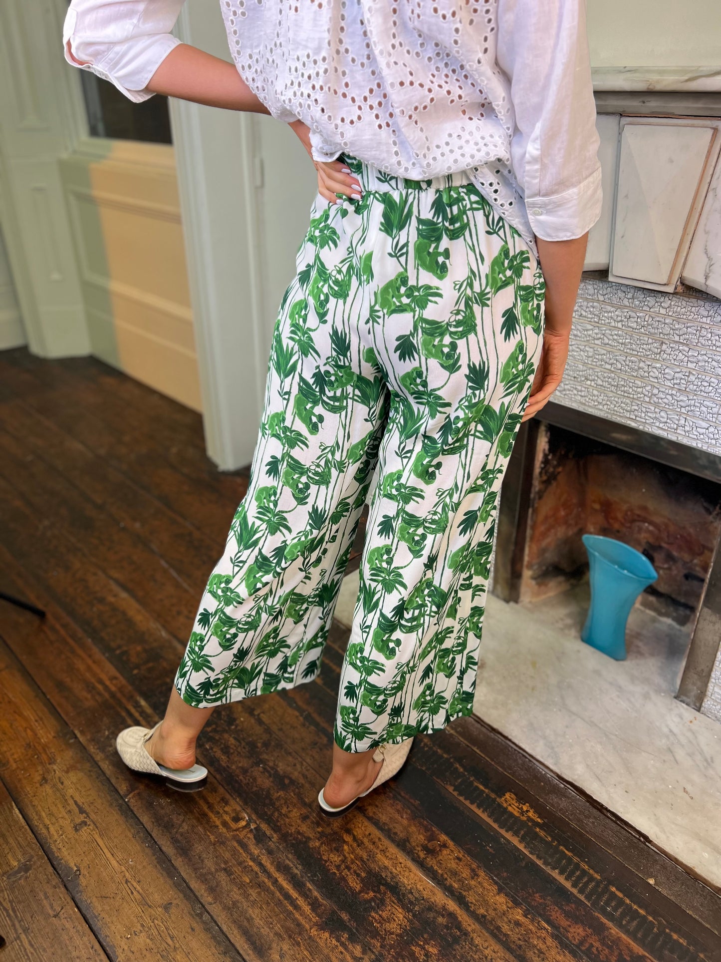 Rieti Green and White Palm Leaf Printed Trousers
