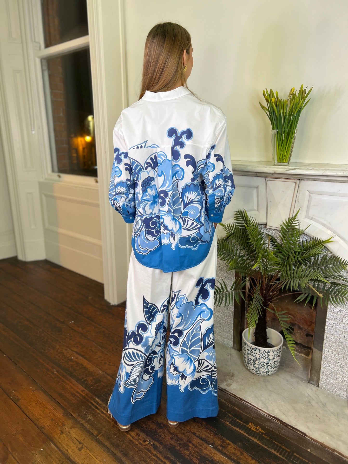 Sara Roka Sandrine Blue Floral Shirt and Trousers in Poplin Cotton