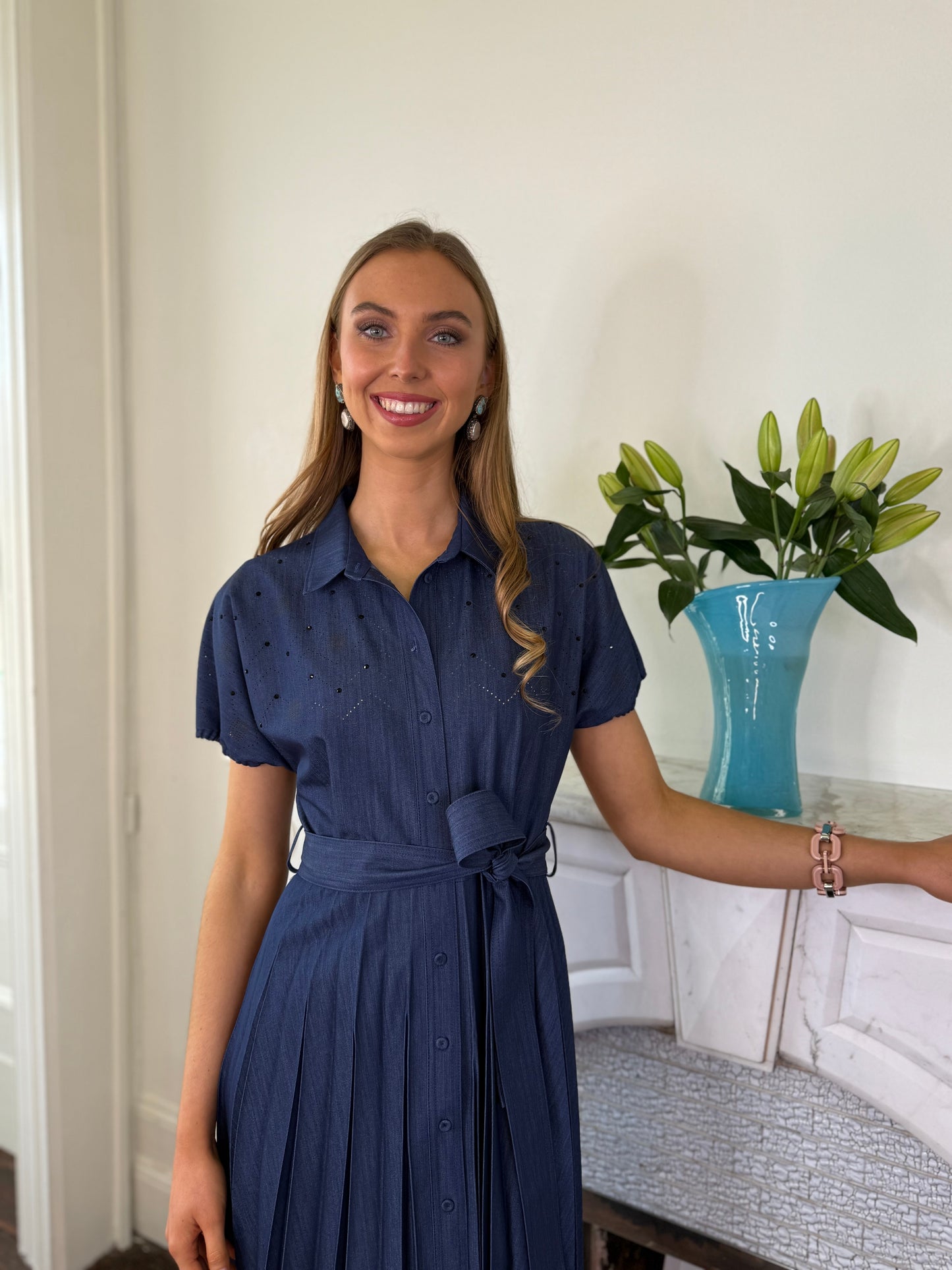Beatrice B Estella Pleated and Hand Embroidered Navy Dress