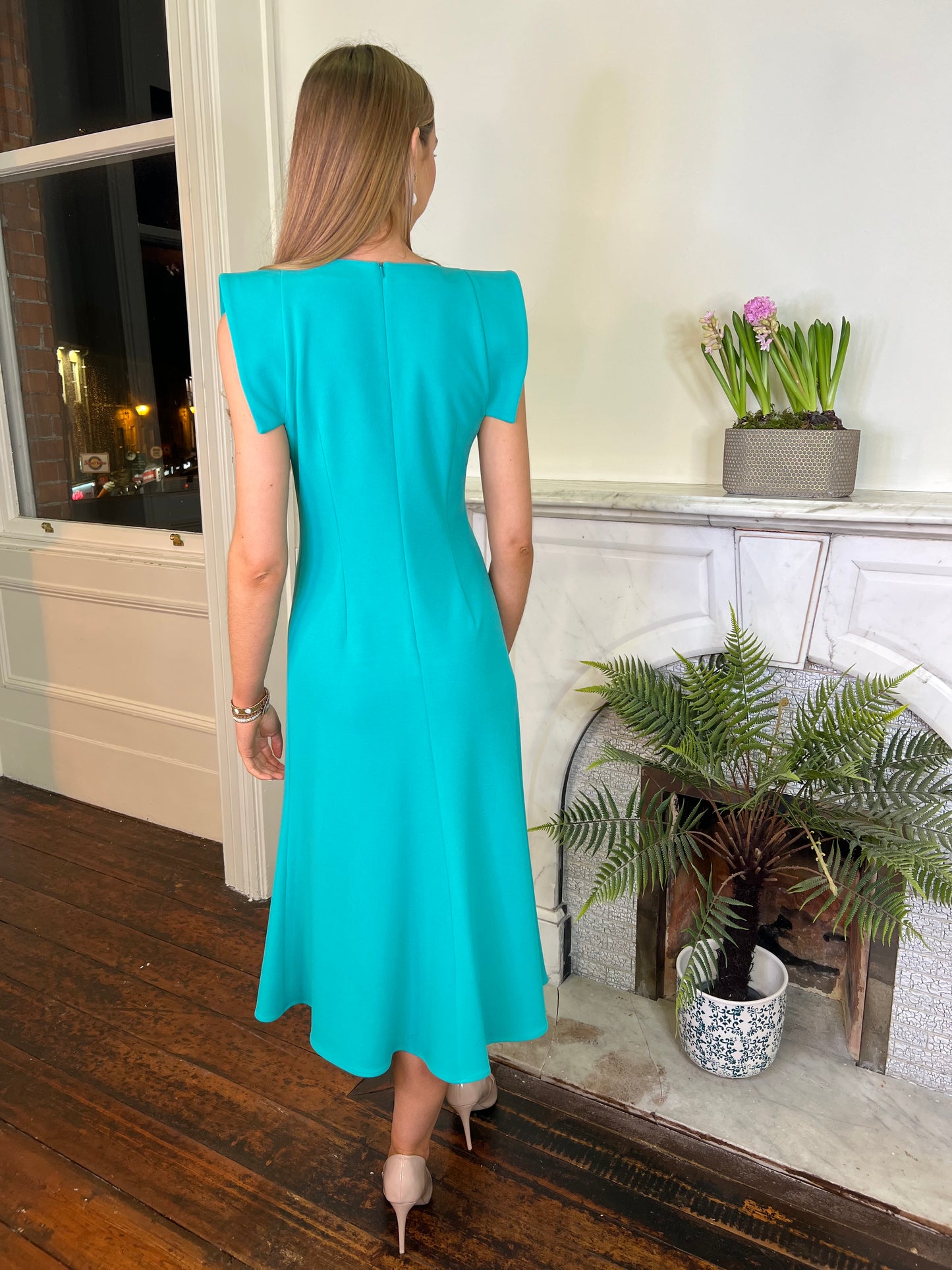Moskada Jade Green Crepe Midi Dress with Jewel Embellishment