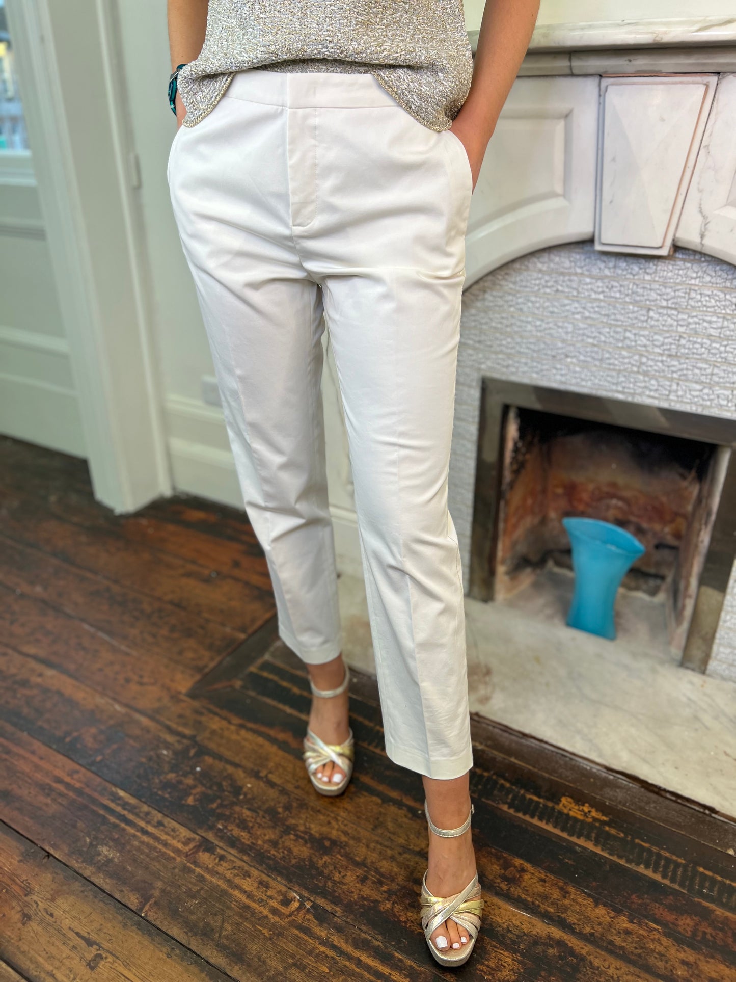 Cream Cotton Straight Leg Trousers with Silver Beaded Trim