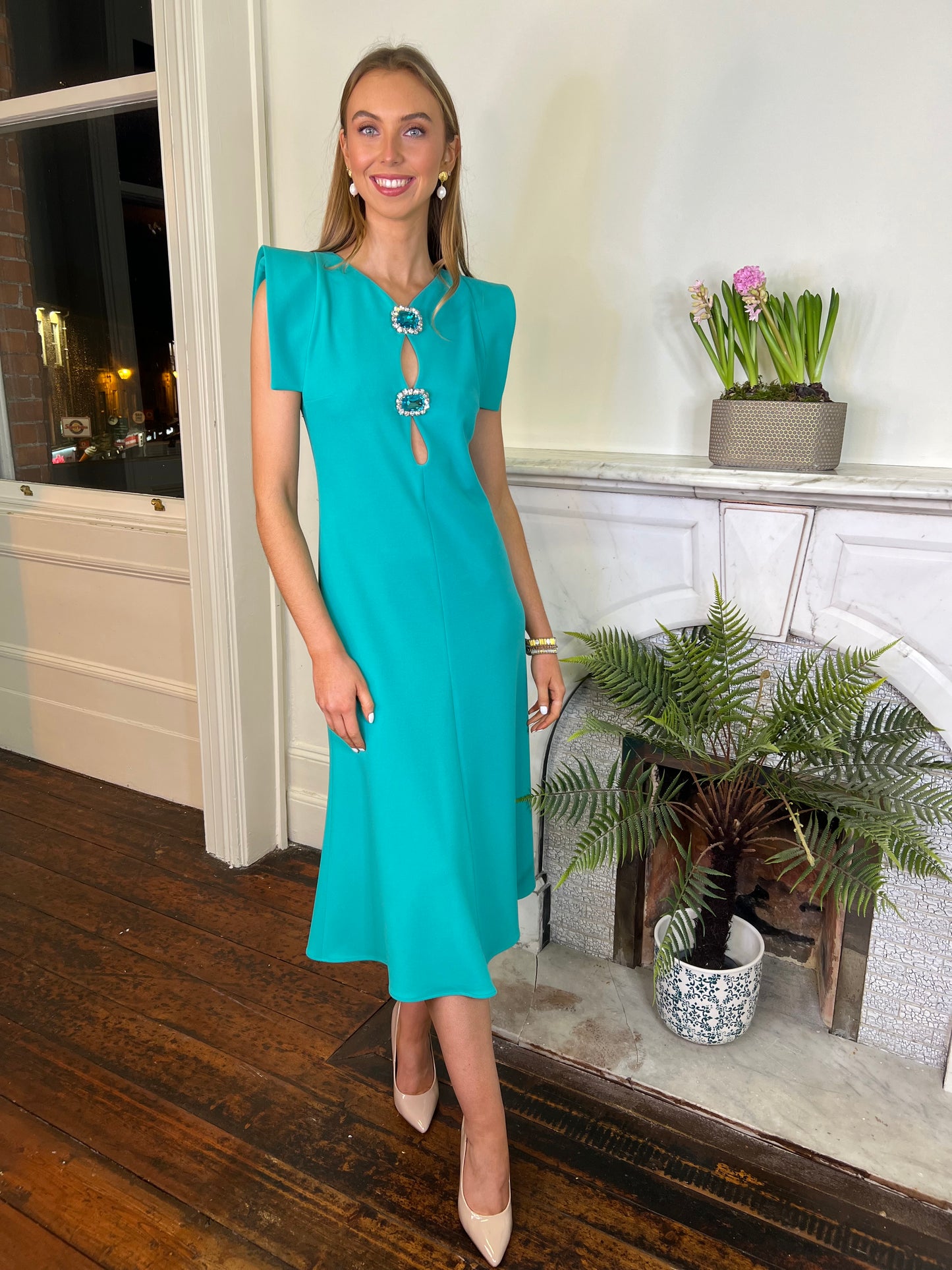 Moskada Jade Green Crepe Midi Dress with Jewel Embellishment