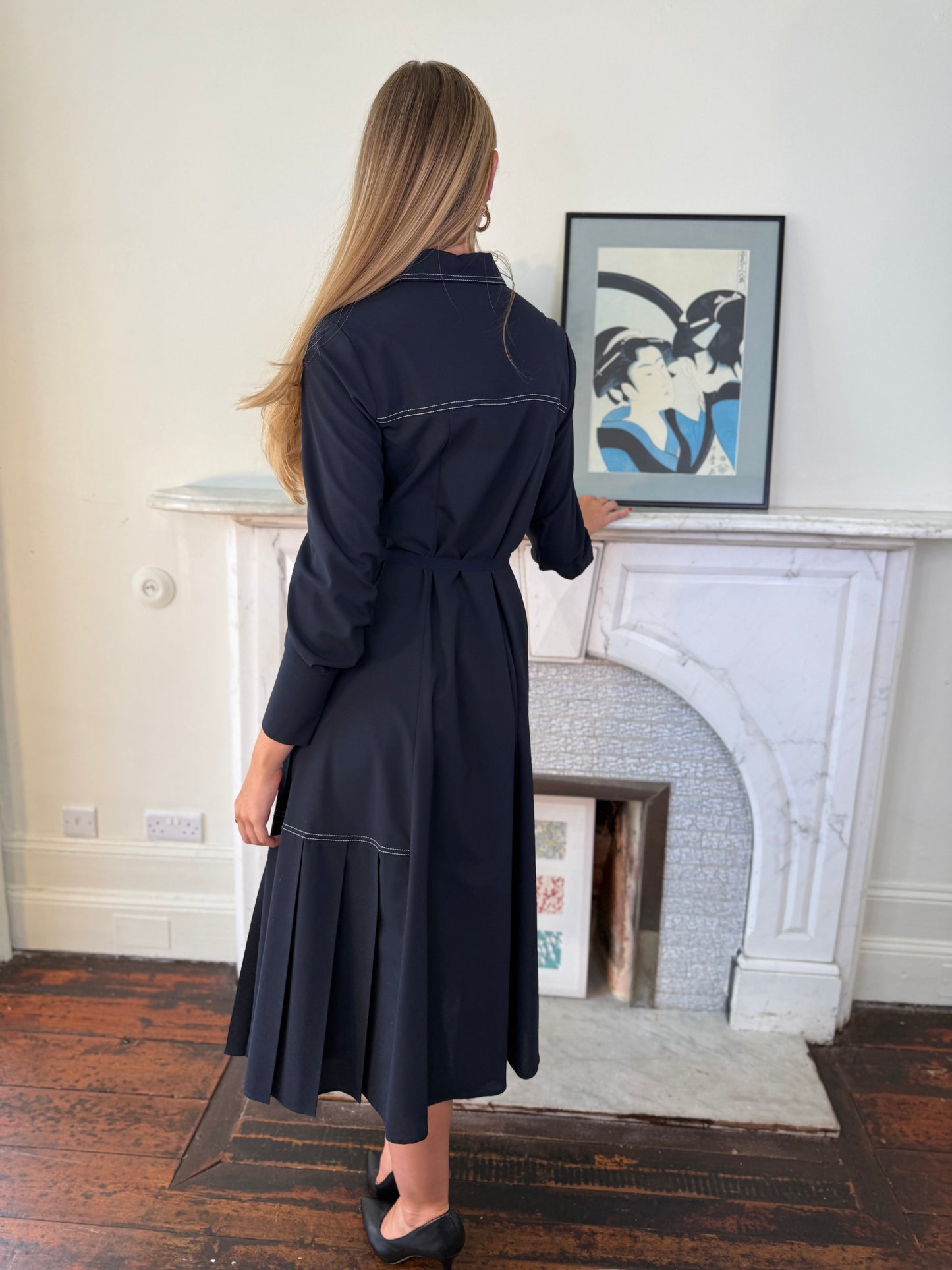 Beatrice B Dark Sapphire Shirt Dress with White Stitching Detail