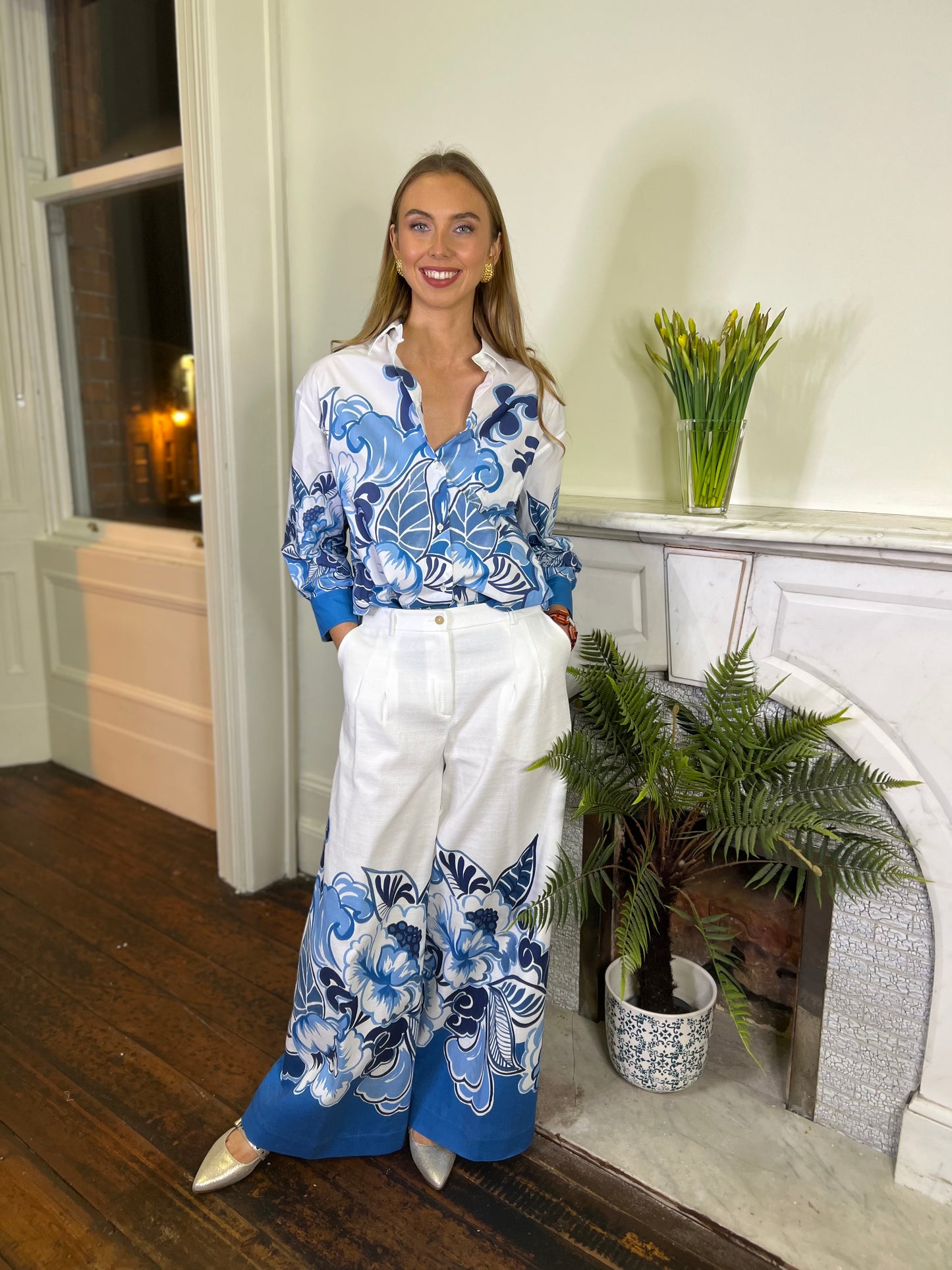 Sara Roka Sandrine Blue Floral Shirt and Trousers in Poplin Cotton