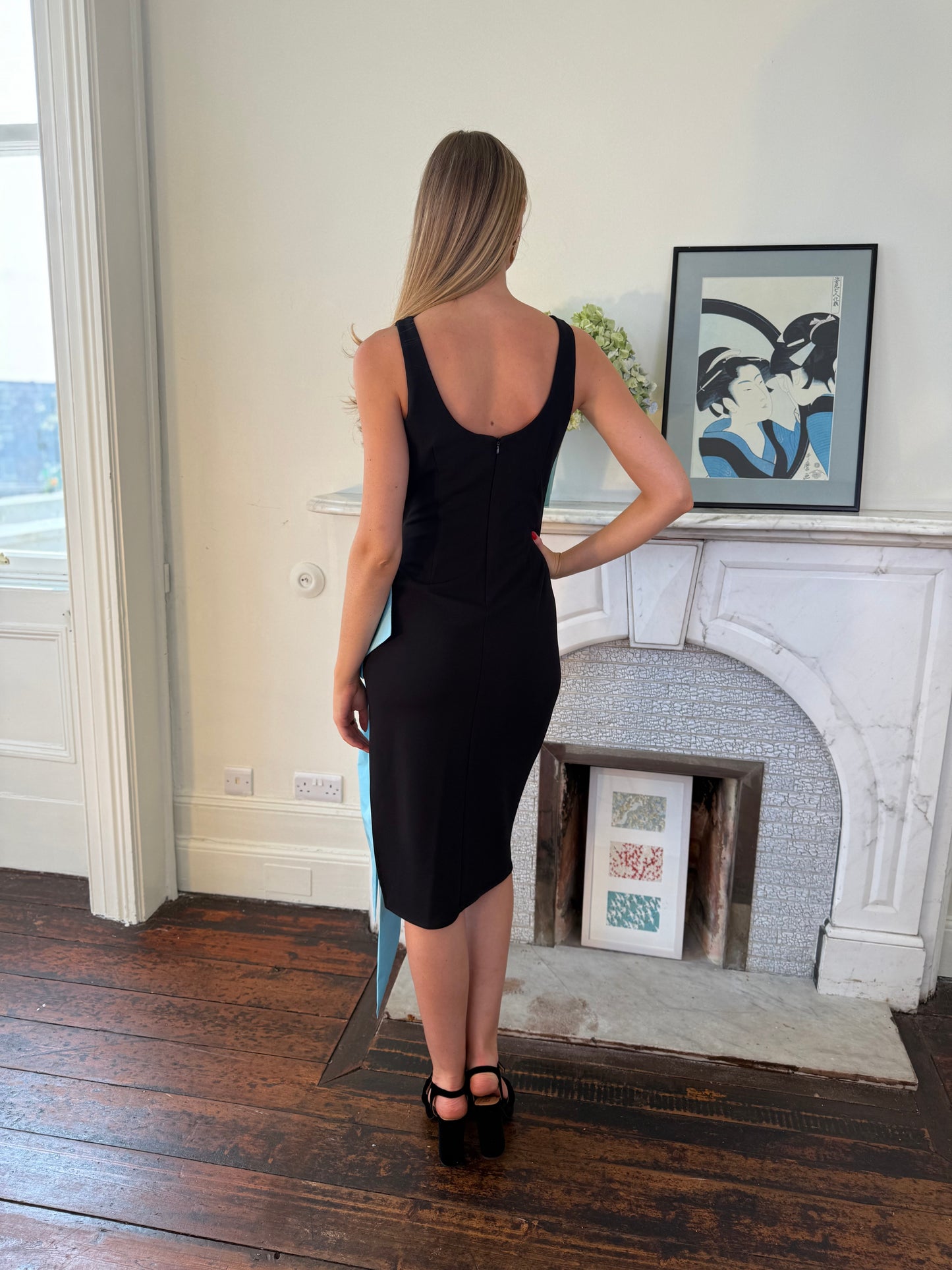 Moskada Fitted Black Dress with Large Sky Blue Taffeta Flower Detail
