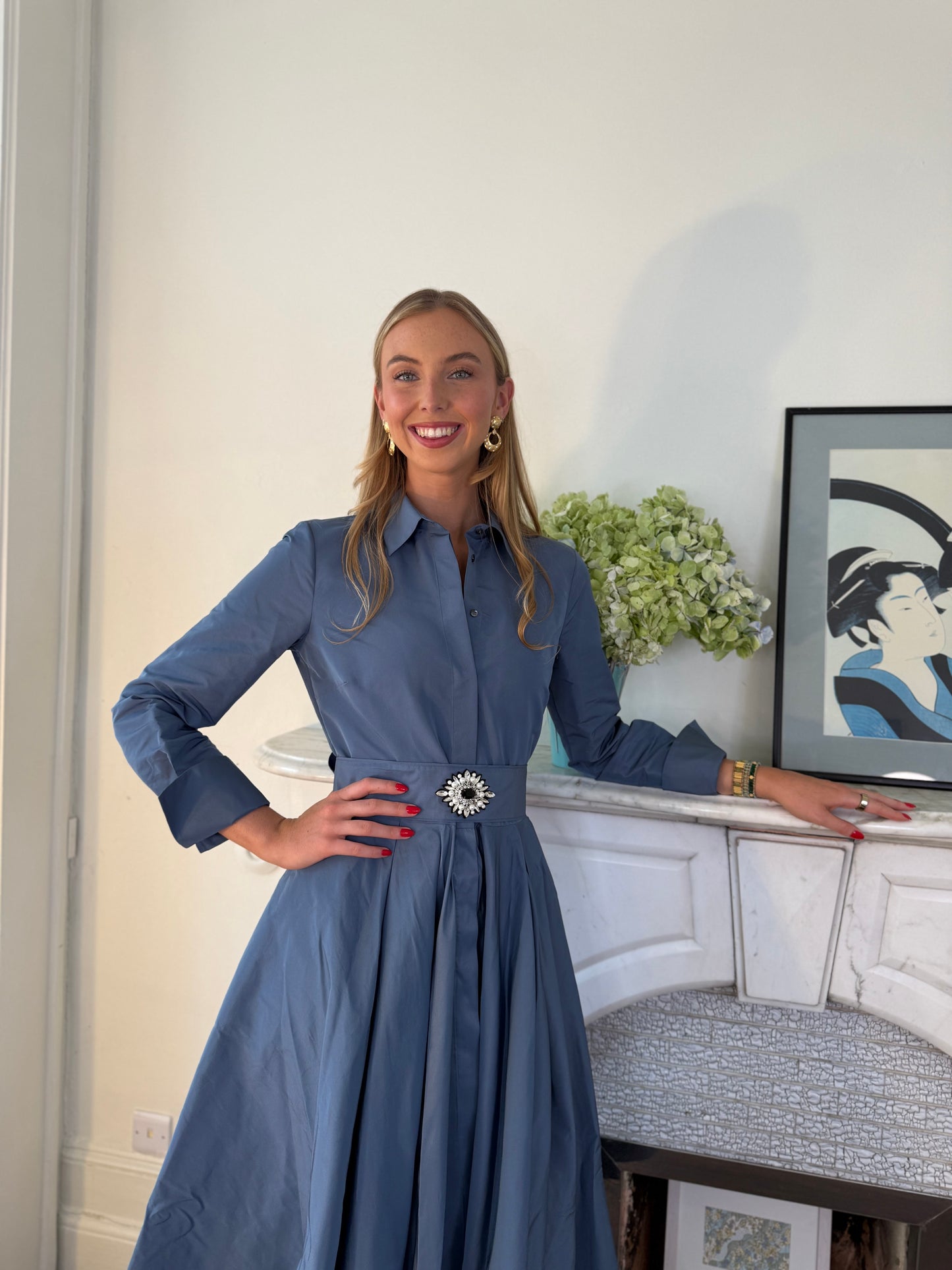 Sara Roka Silver Blue Taffeta Shirt Dress