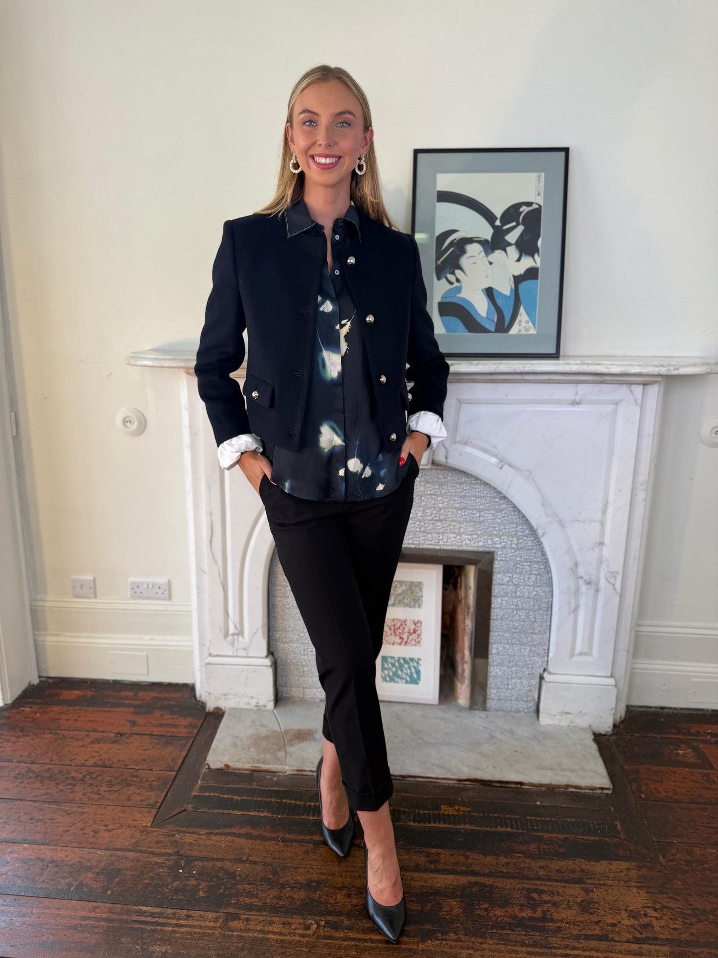 Beatrice B Dark Sapphire Wool Short Jacket with Detachable White Cuff Detail