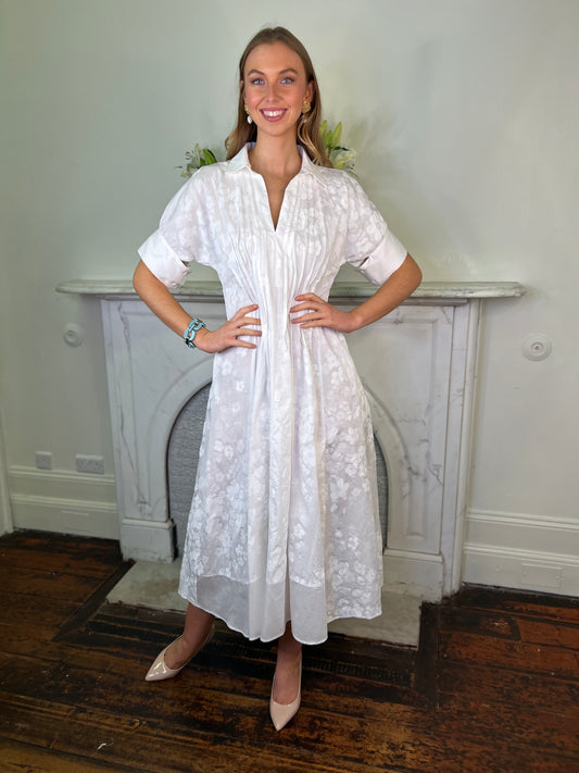 White Cotton Brocade Dress with Tuck Pleated Waist