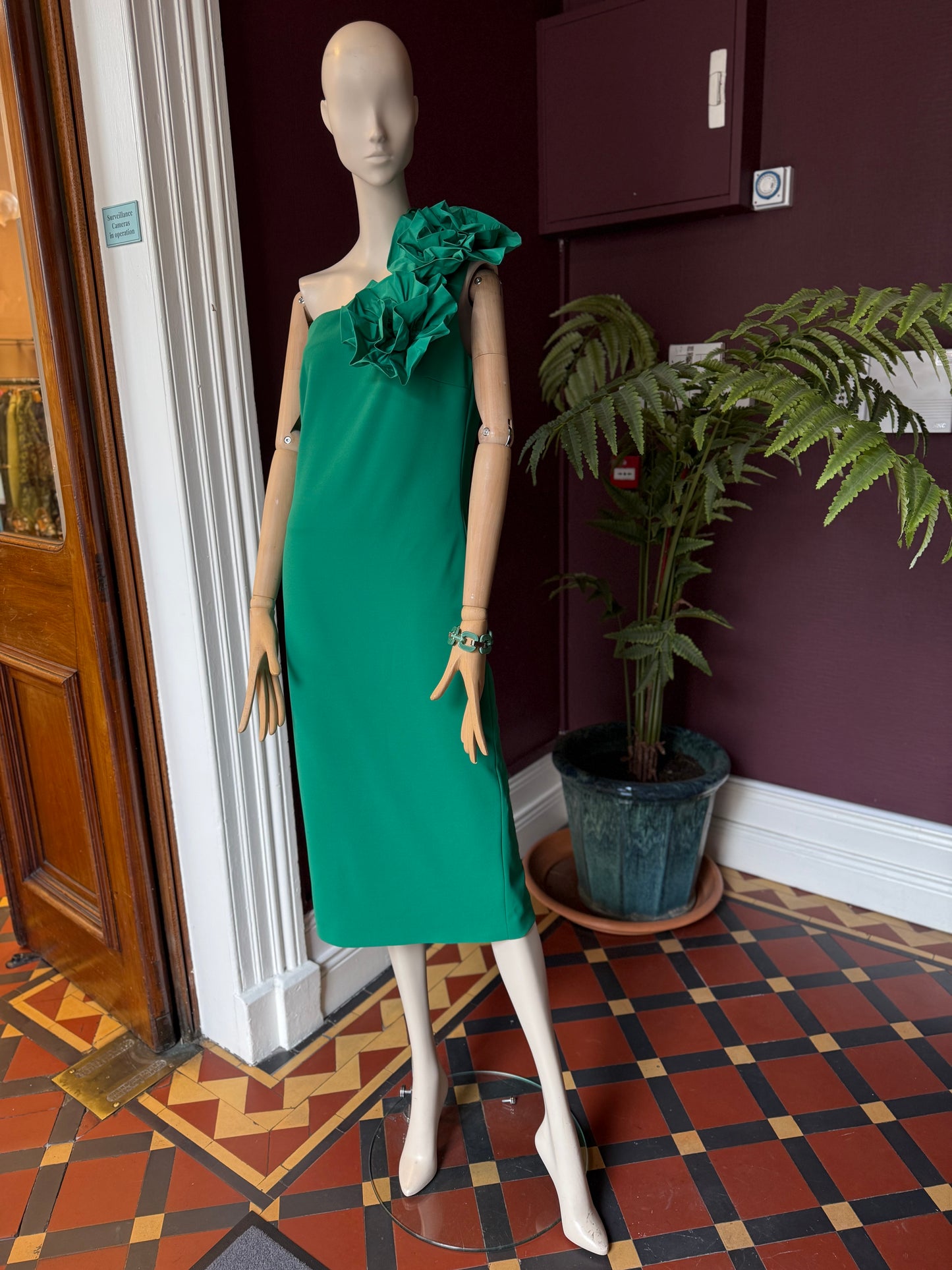 Moskada Green One Shoulder Dress with Rosettes