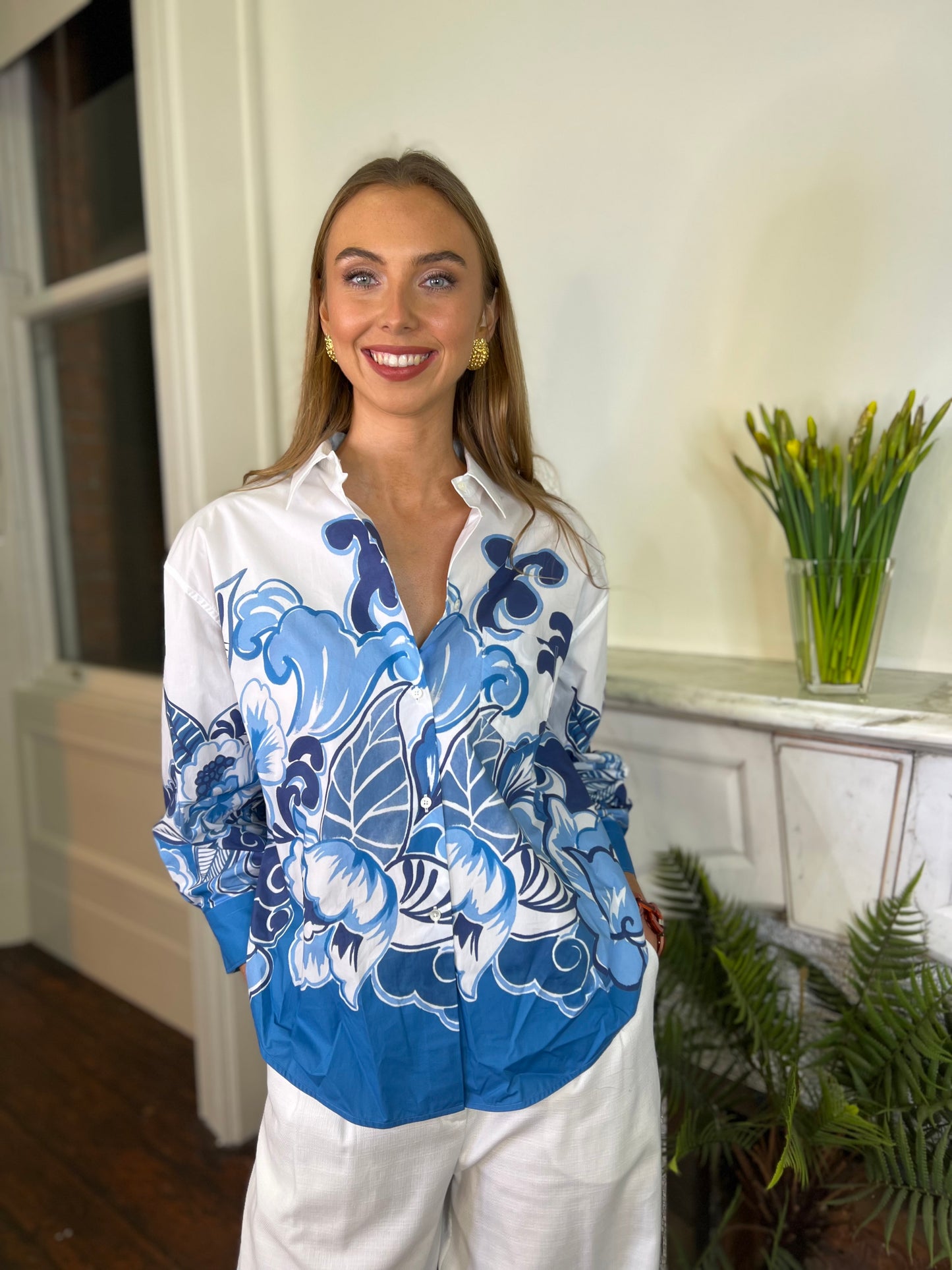 Sara Roka Sandrine Blue Floral Shirt and Trousers in Poplin Cotton