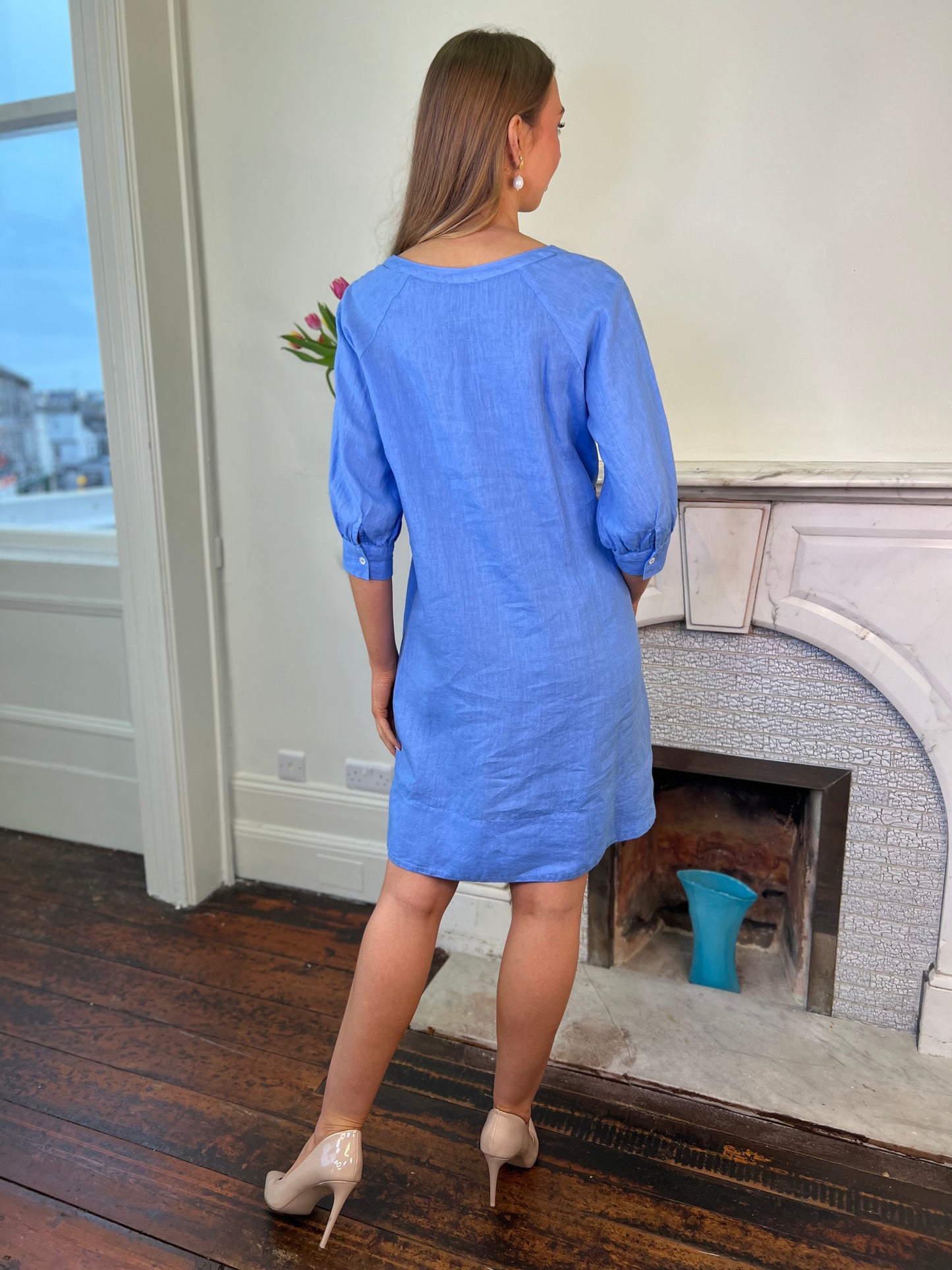 Embroidered  Sky Blue  Linen Tunic Dress