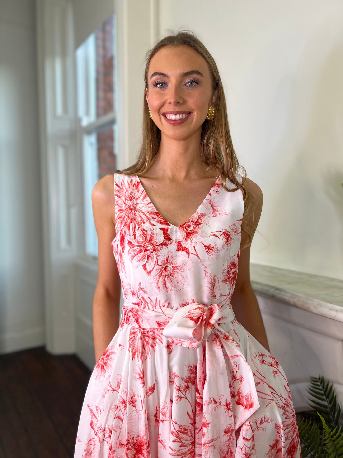 Sleeveless Coral Floral Print Dress