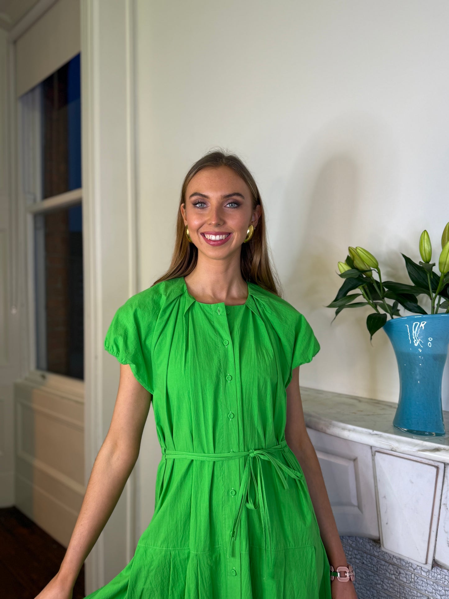 Beatrice B Atlas Green Drop Waist Dress in Cotton Poplin