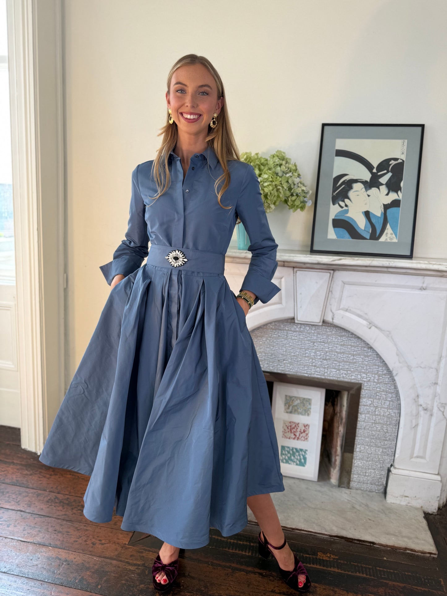 Sara Roka Silver Blue Taffeta Shirt Dress