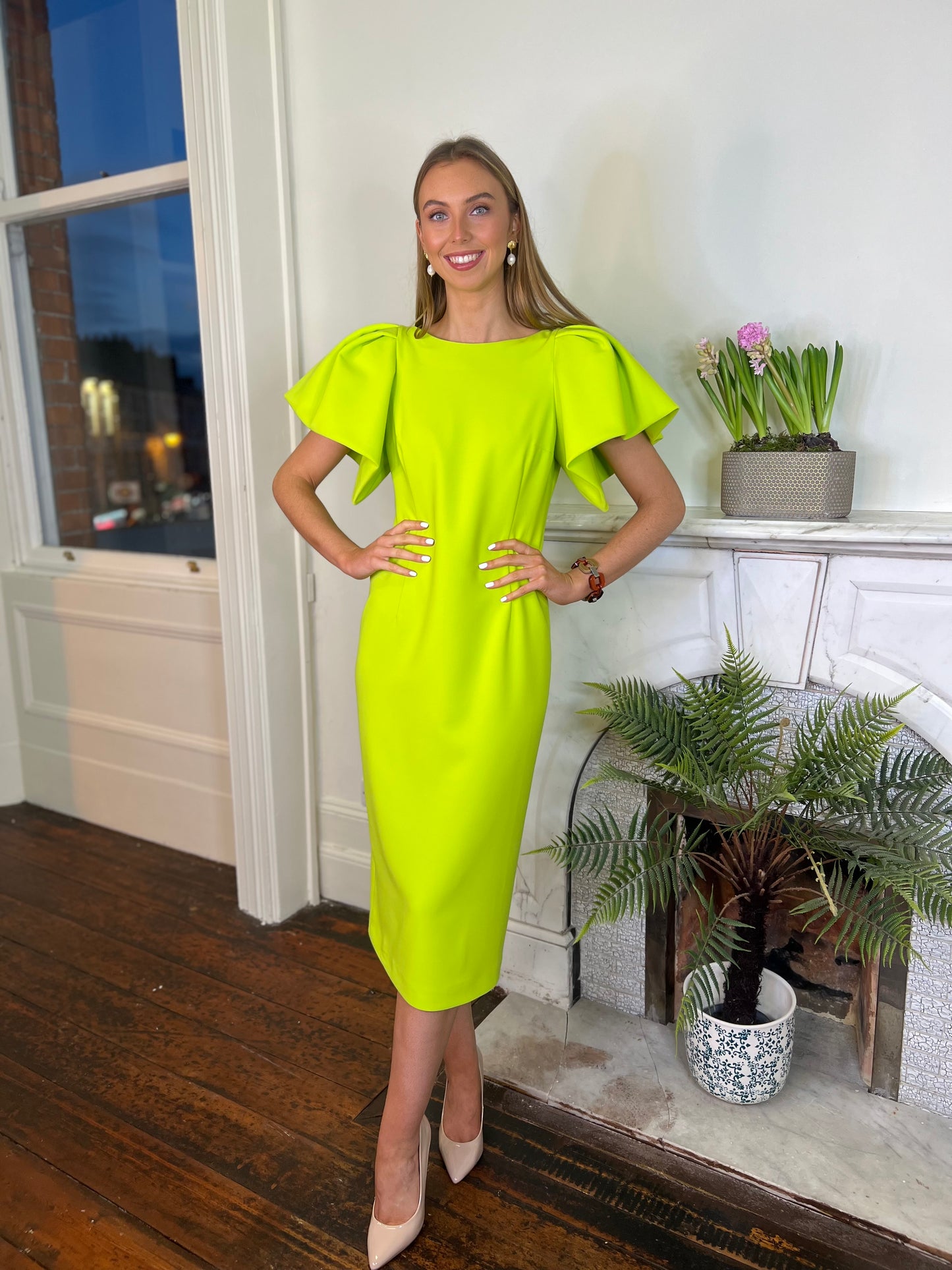 Moskada Fitted Lime Green Dress with Shoulder Detail