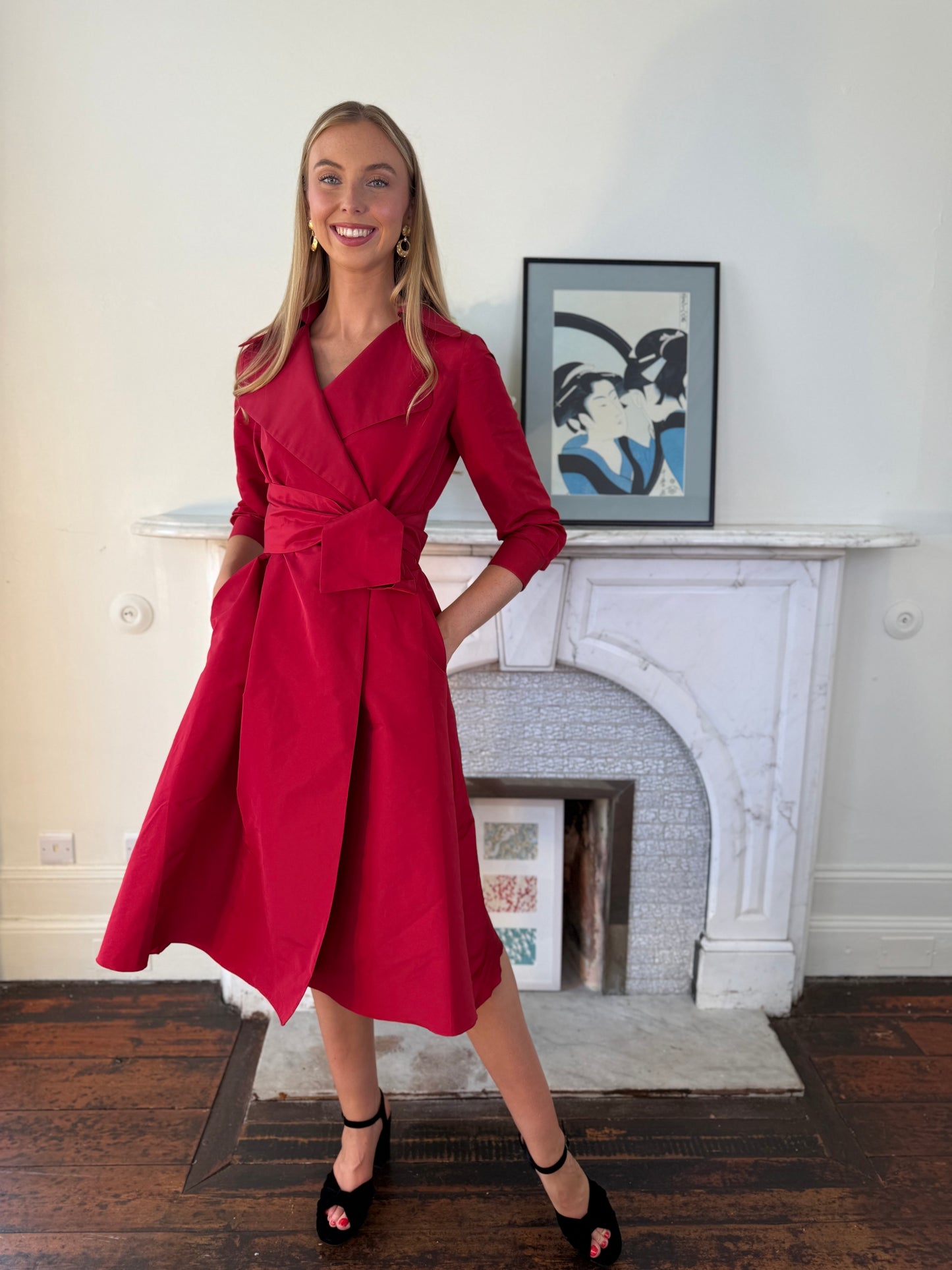 Moskada Burgundy Red Wrap Taffeta Dress with Belt