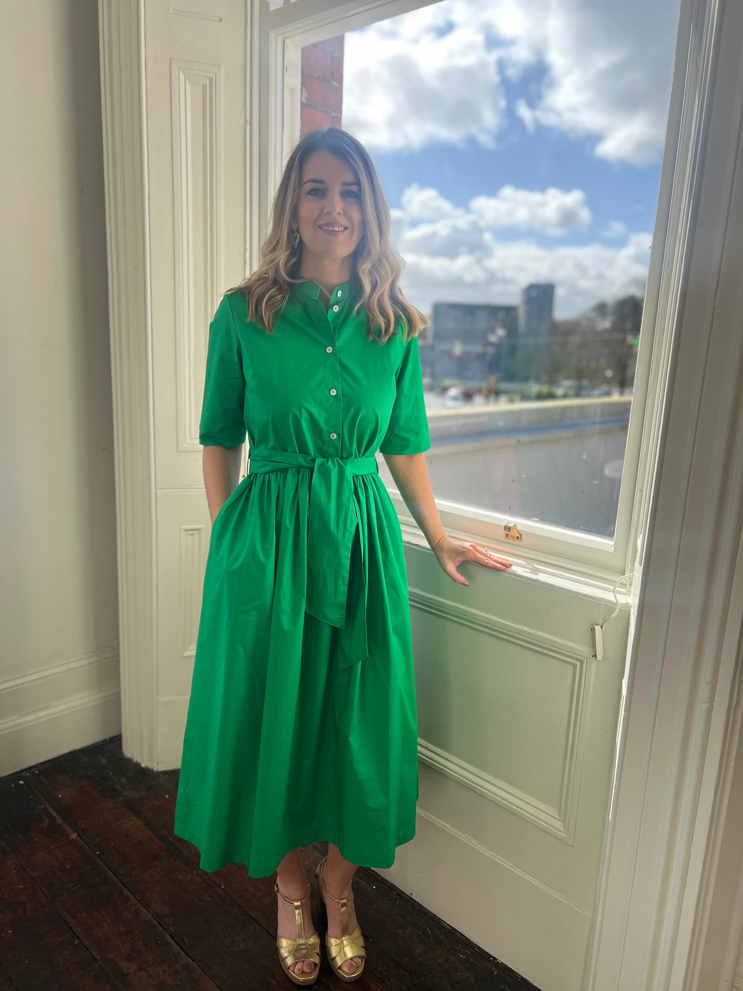 Emerald Green Poplin Cotton Dress with Mandarin Collar