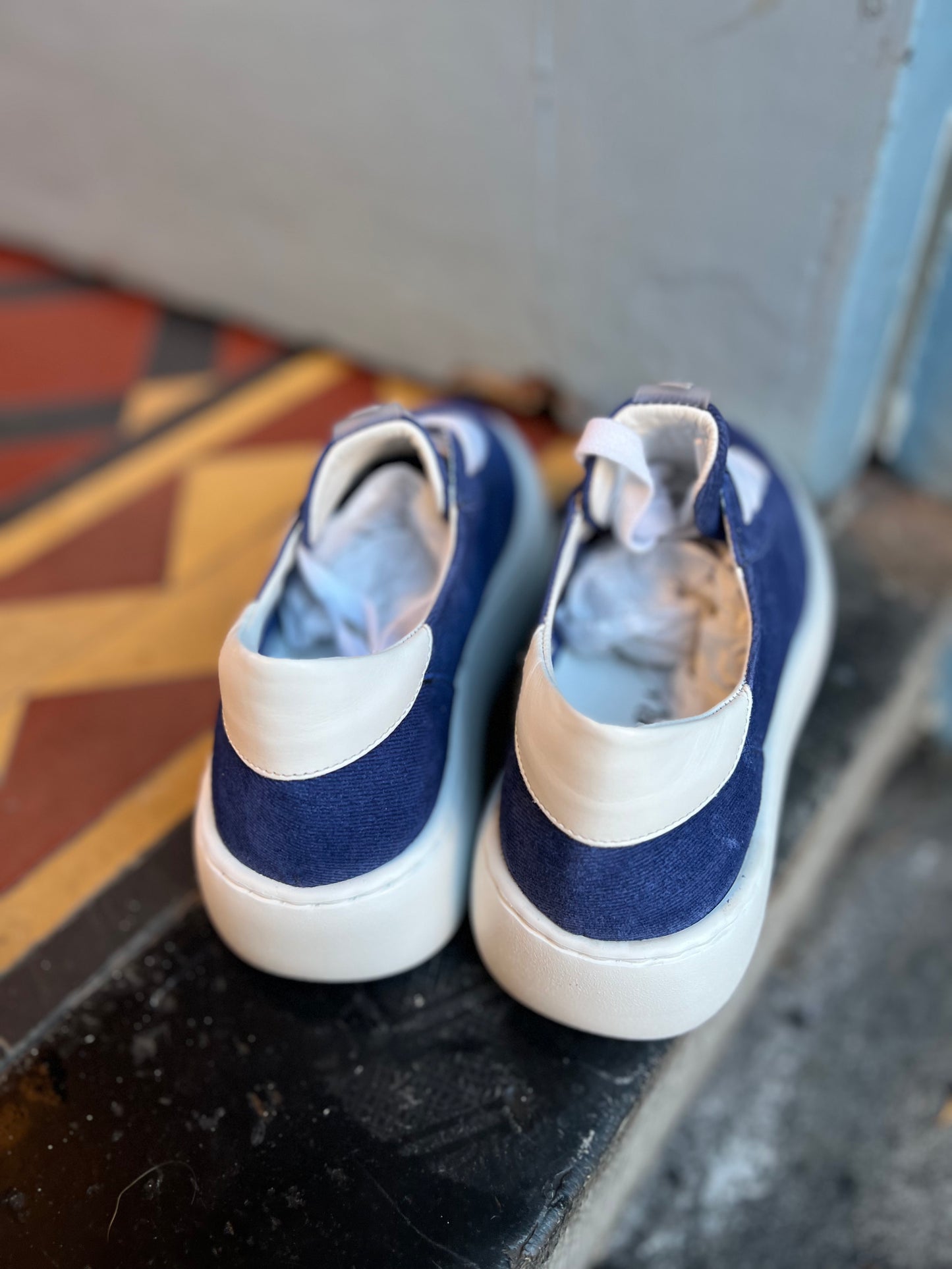 Blue Suede Jean White Sole Trainers