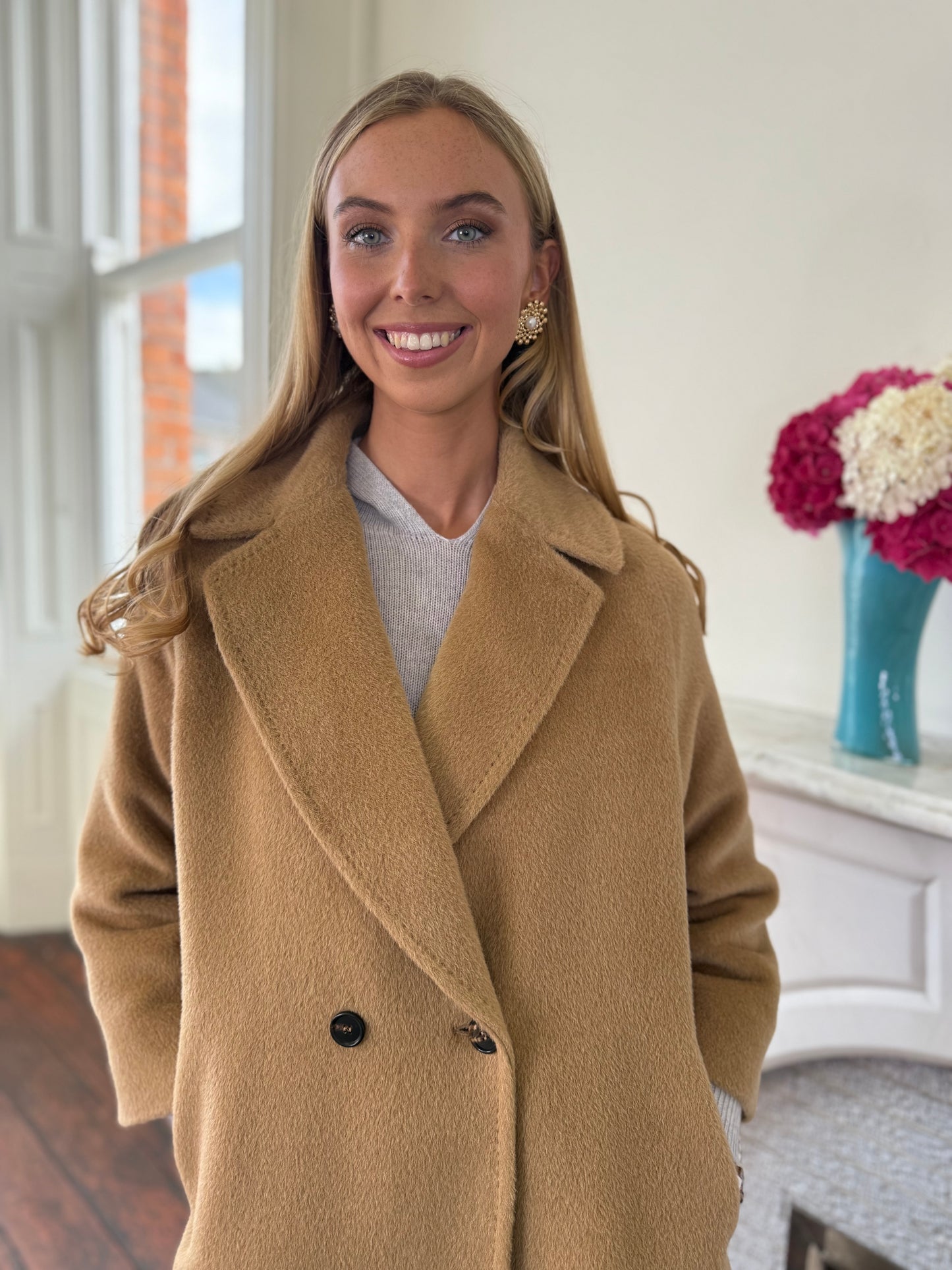 Rosso35 Camel Double Breasted Alpaca and Wool Coat