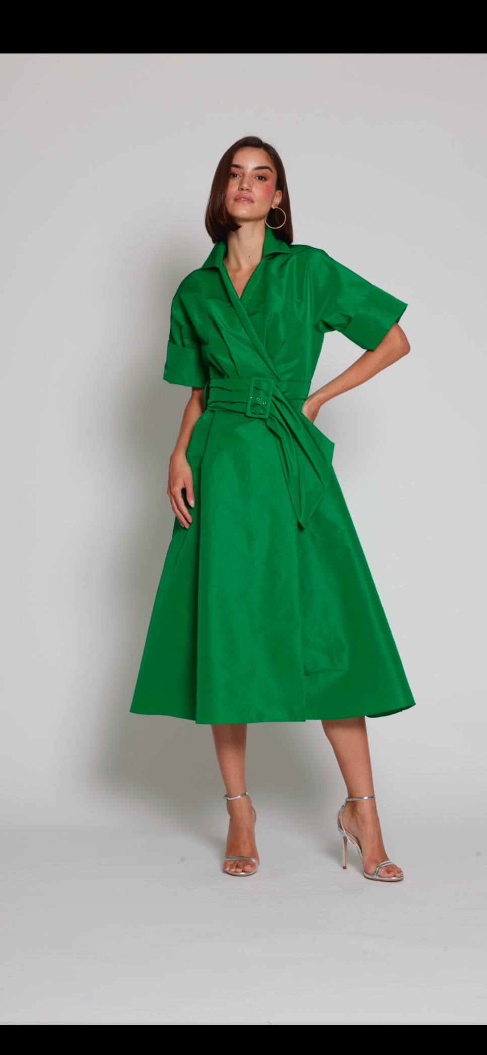 Moskada Emerald Green Taffeta Wrap Dress with Short Sleeve
