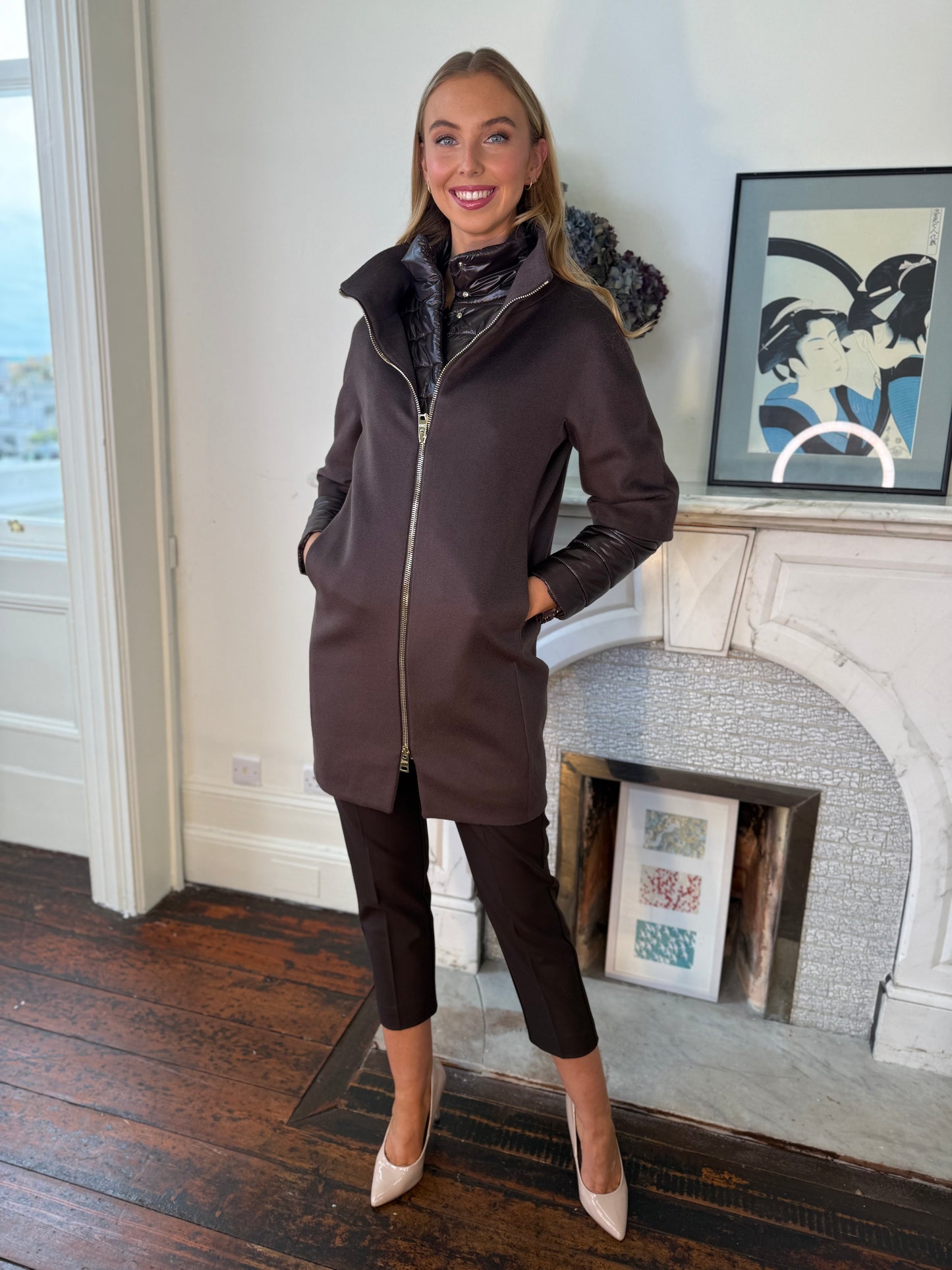 Herno Marrone Wool Coat with Layered Detachable Quilted Insert