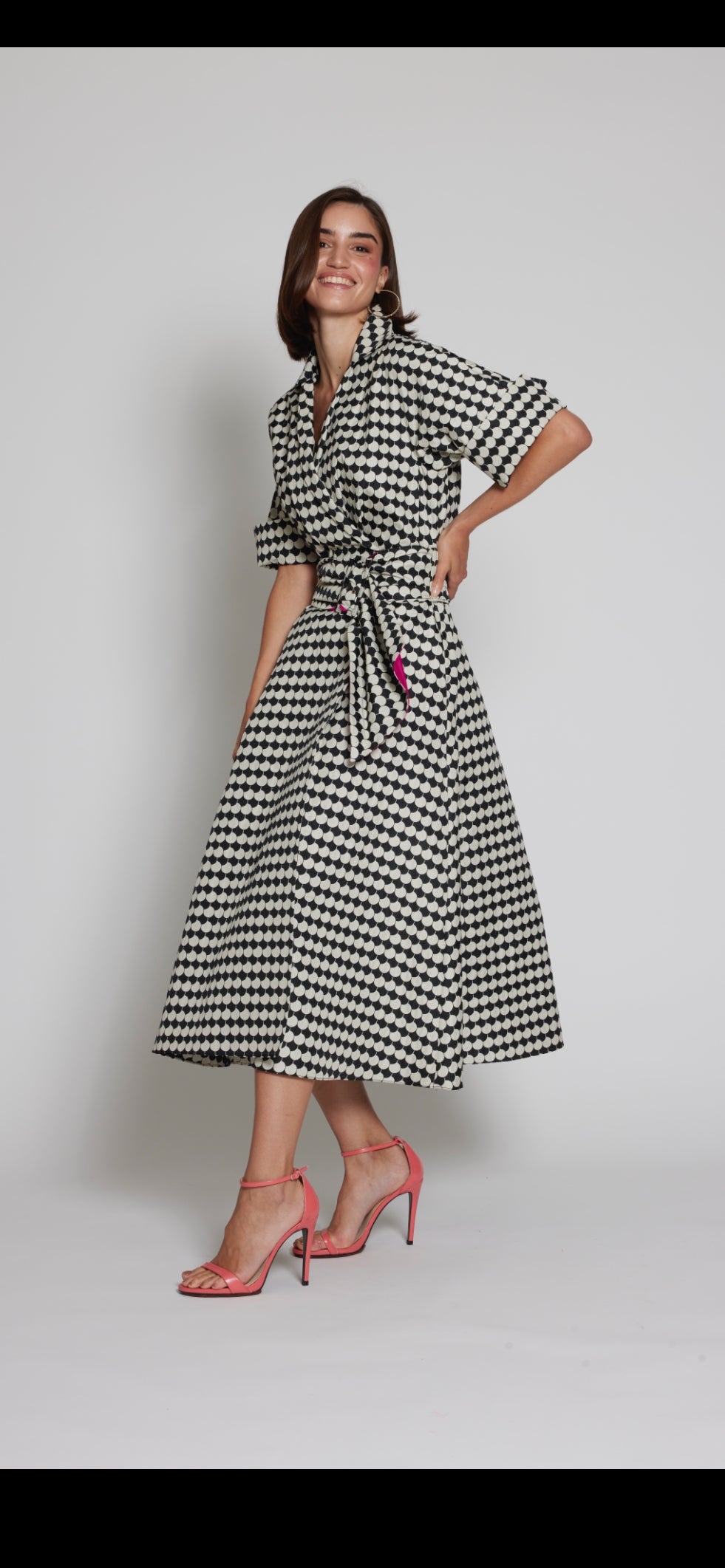 Moskada Black and White Jacquard Wrap Dress with a Hint of Magenta