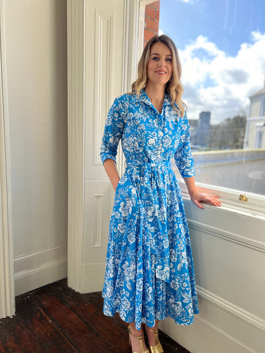 Cotton chemisier dress with blue print
