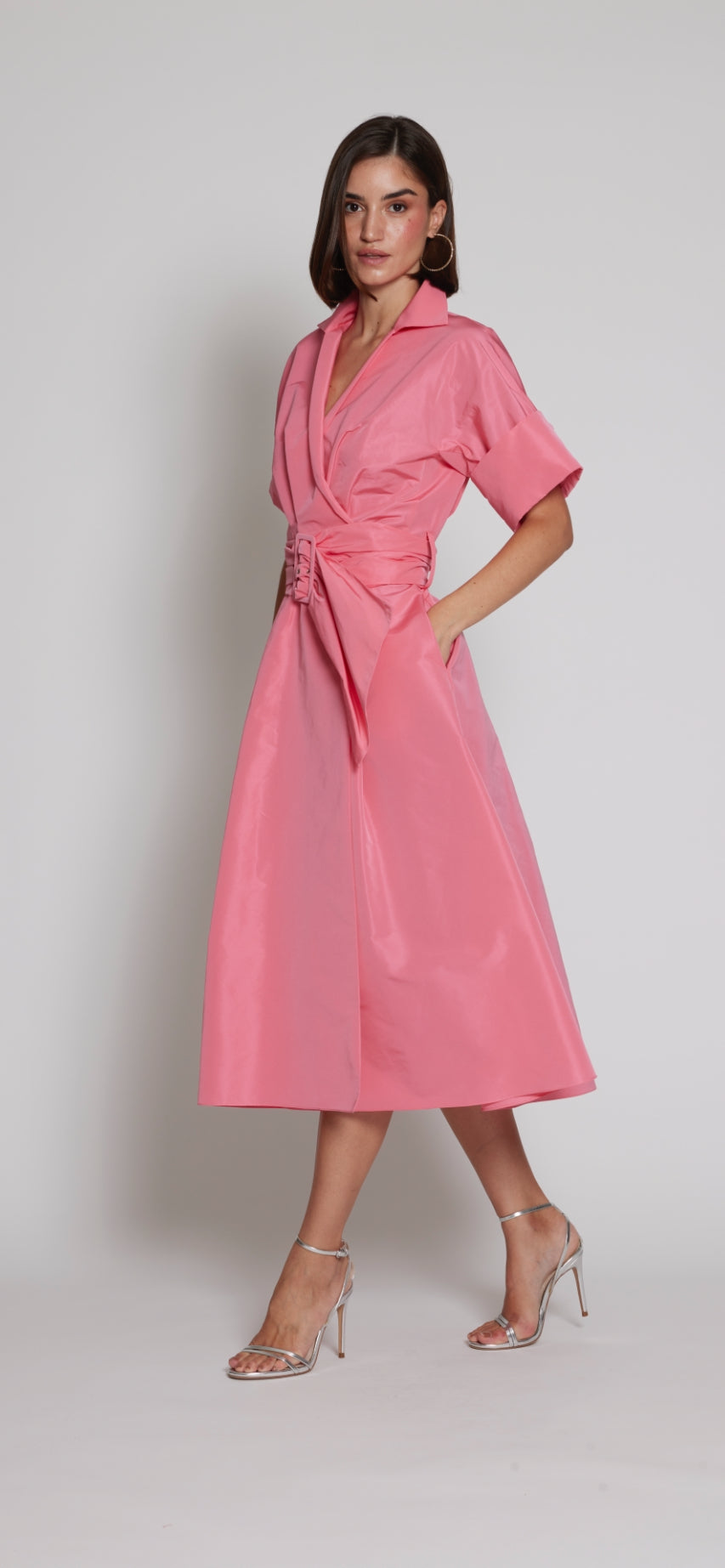 Moskada Pink Taffeta Wrap Shirt Dress with Short Sleeve