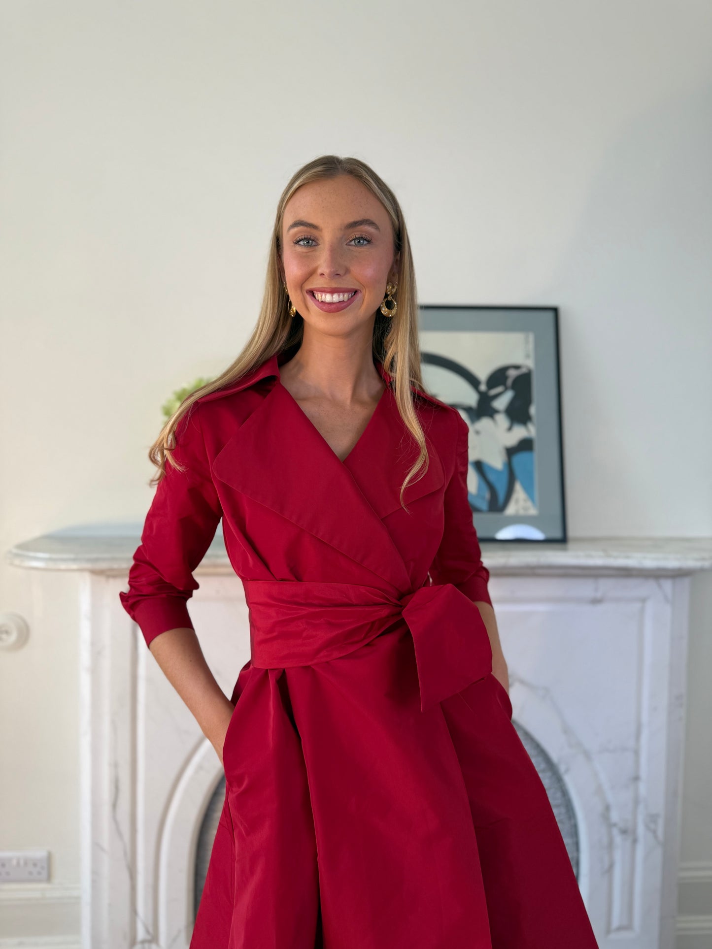 Moskada Burgundy Red Wrap Taffeta Dress with Belt