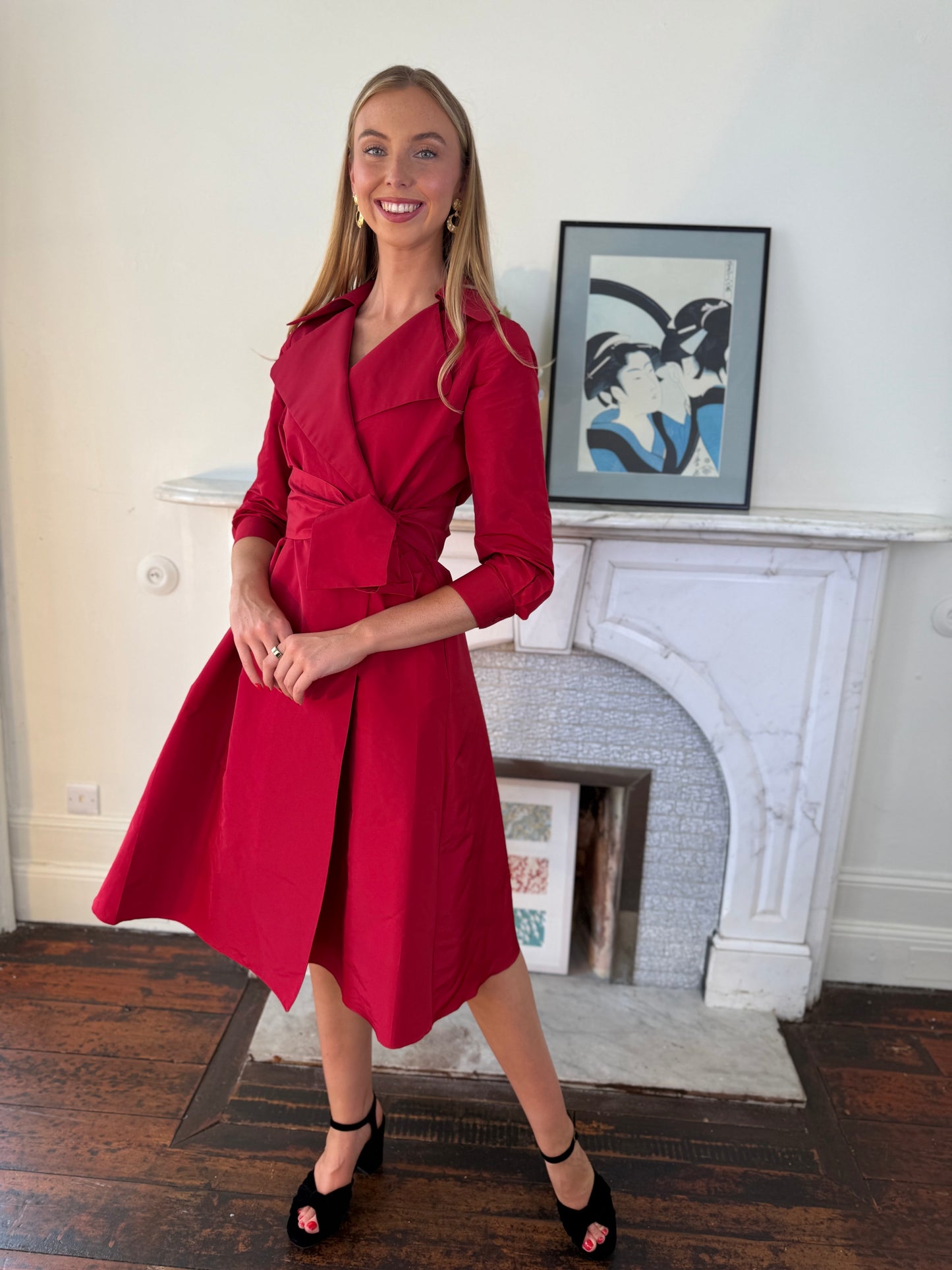 Moskada Burgundy Red Wrap Taffeta Dress with Belt