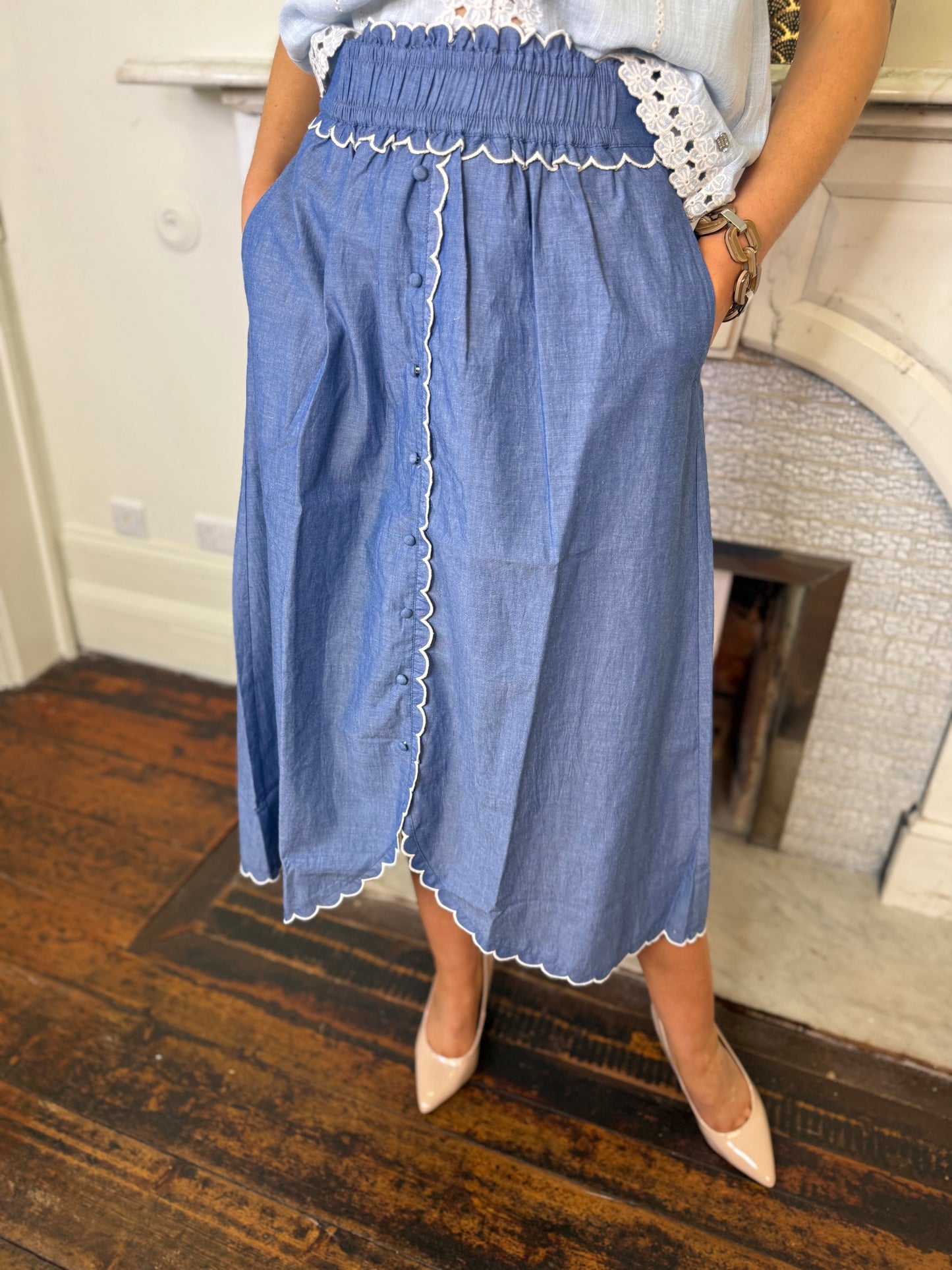 Gustav Mabell Cotton Skirt with Scallop Trim in Endless Sky