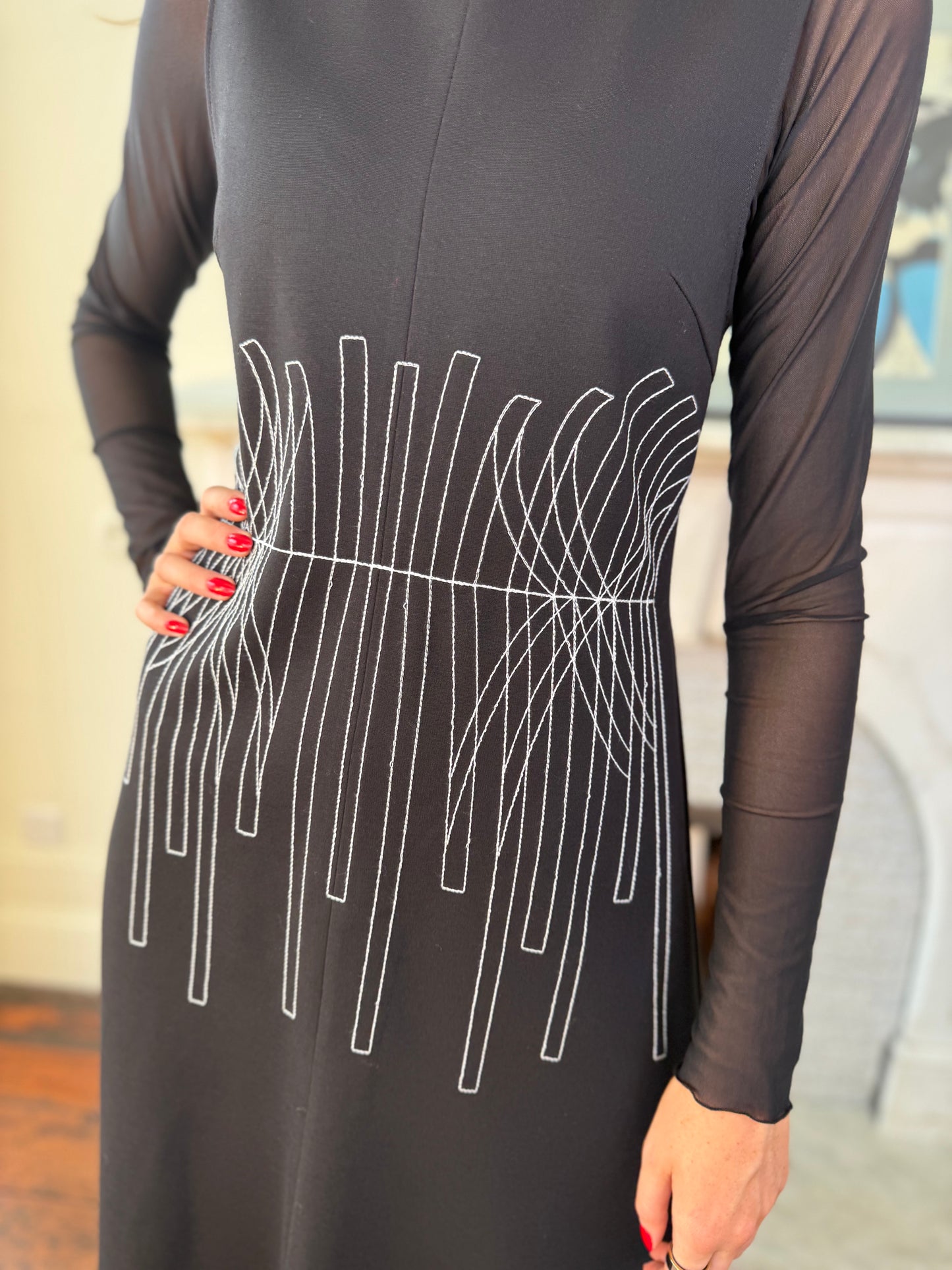Beatrice B Black Sleeveless Fit and Flare Jersey Dress with White Stitching Detail
