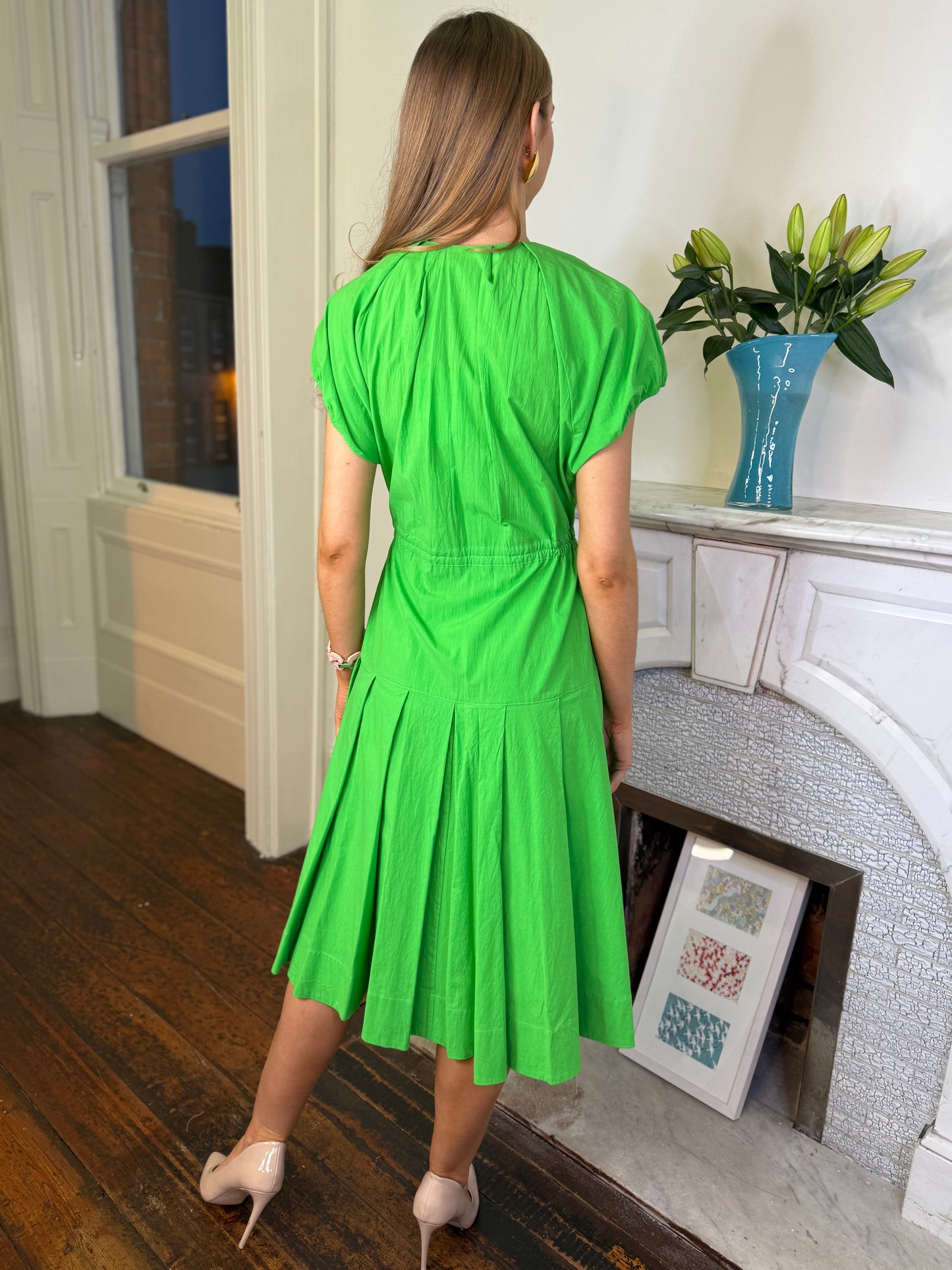 Beatrice B Atlas Green Drop Waist Dress in Cotton Poplin