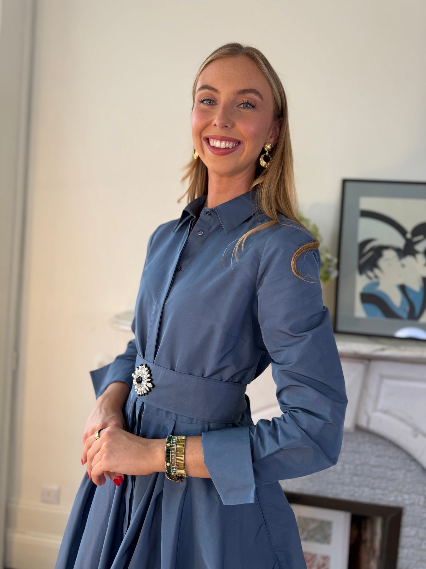 Sara Roka Silver Blue Taffeta Shirt Dress