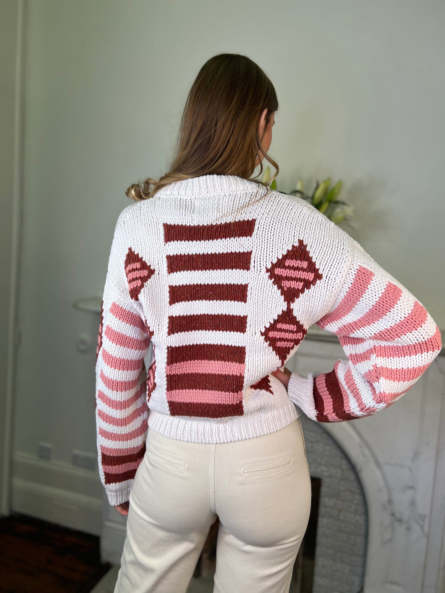 Cotton Intarsia Double Breasted Crop Cardigan